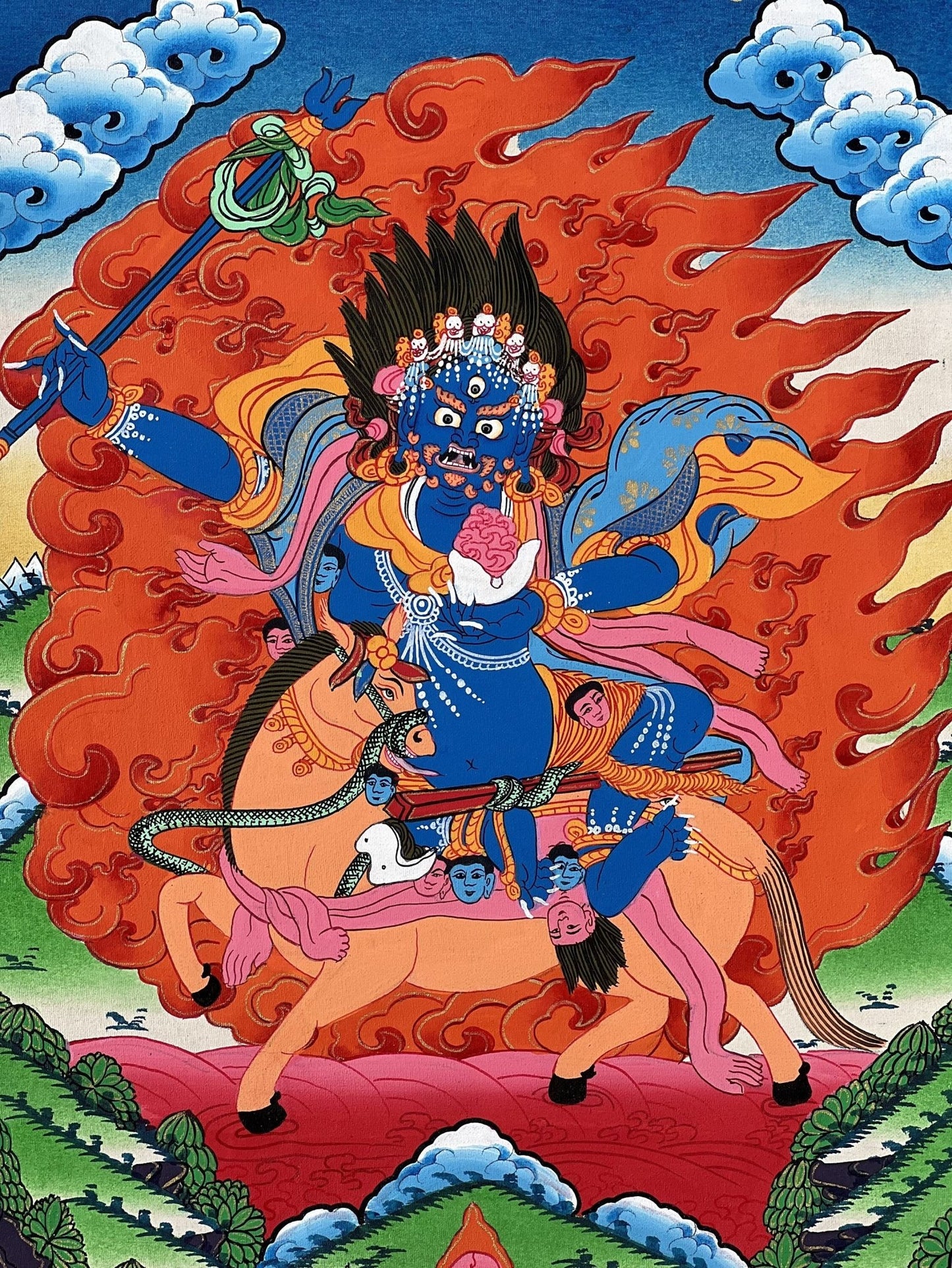 Original Hand - painted Palden Lhamo/ Sridevi Protector Deity Tibetan Compassion Mediation Thangka Painting/Wall Hanging with Silk Brocade - Tibetan Thangka Art