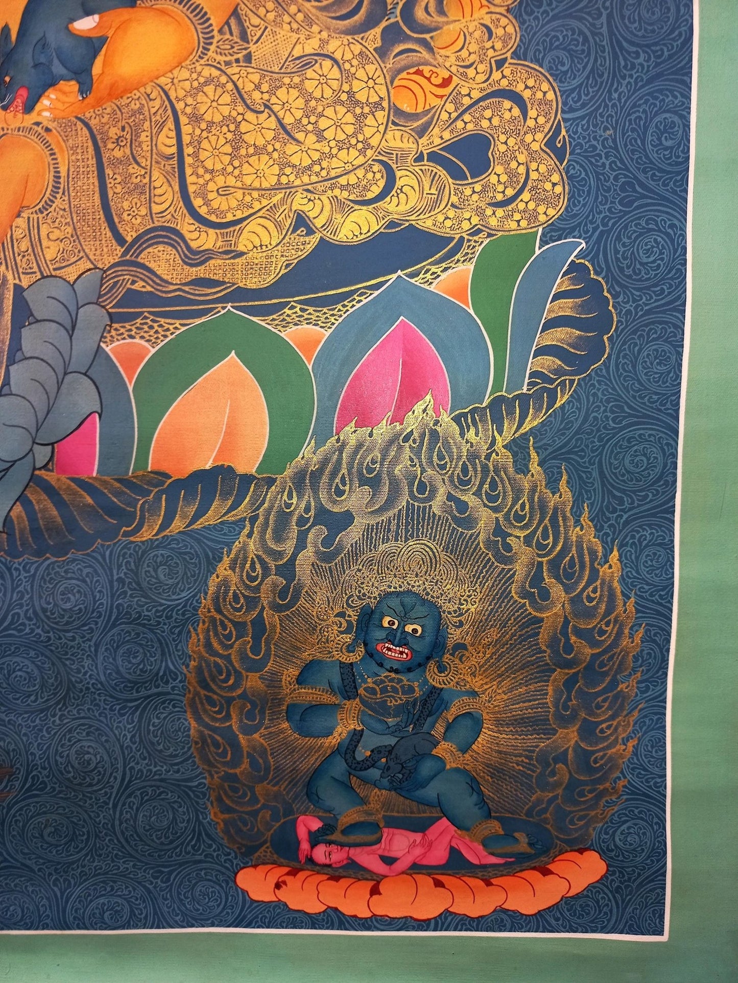 Original Hand Painted Pancha Jambhala / Zambala/ God Of Wealth/ Meditation Wall Hanging Smoky Old Style Thangka / Thanka Painting - Tibetan Thangka Art