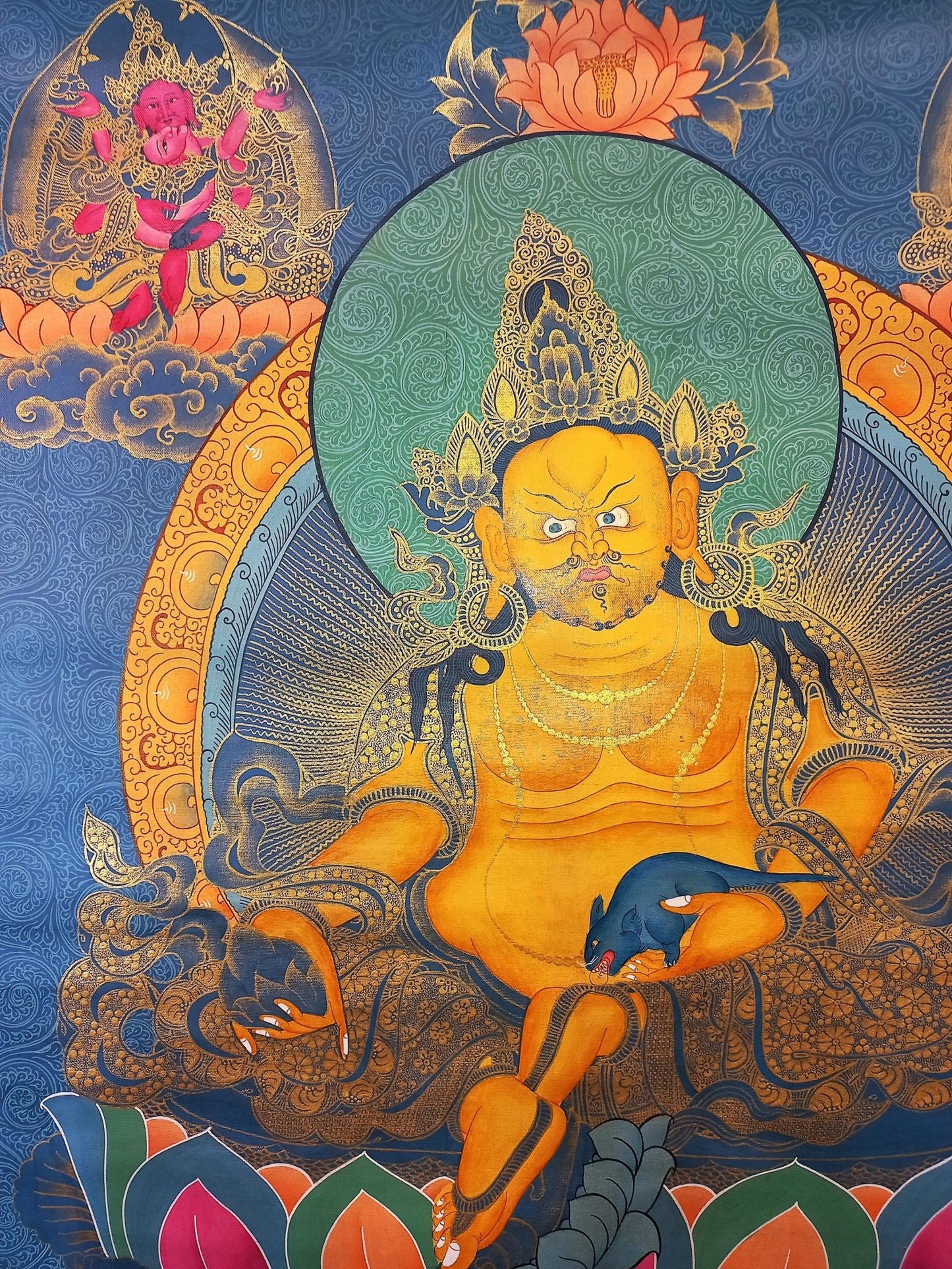 Original Hand Painted Pancha Jambhala / Zambala/ God Of Wealth/ Meditation Wall Hanging Smoky Old Style Thangka / Thanka Painting - Tibetan Thangka Art