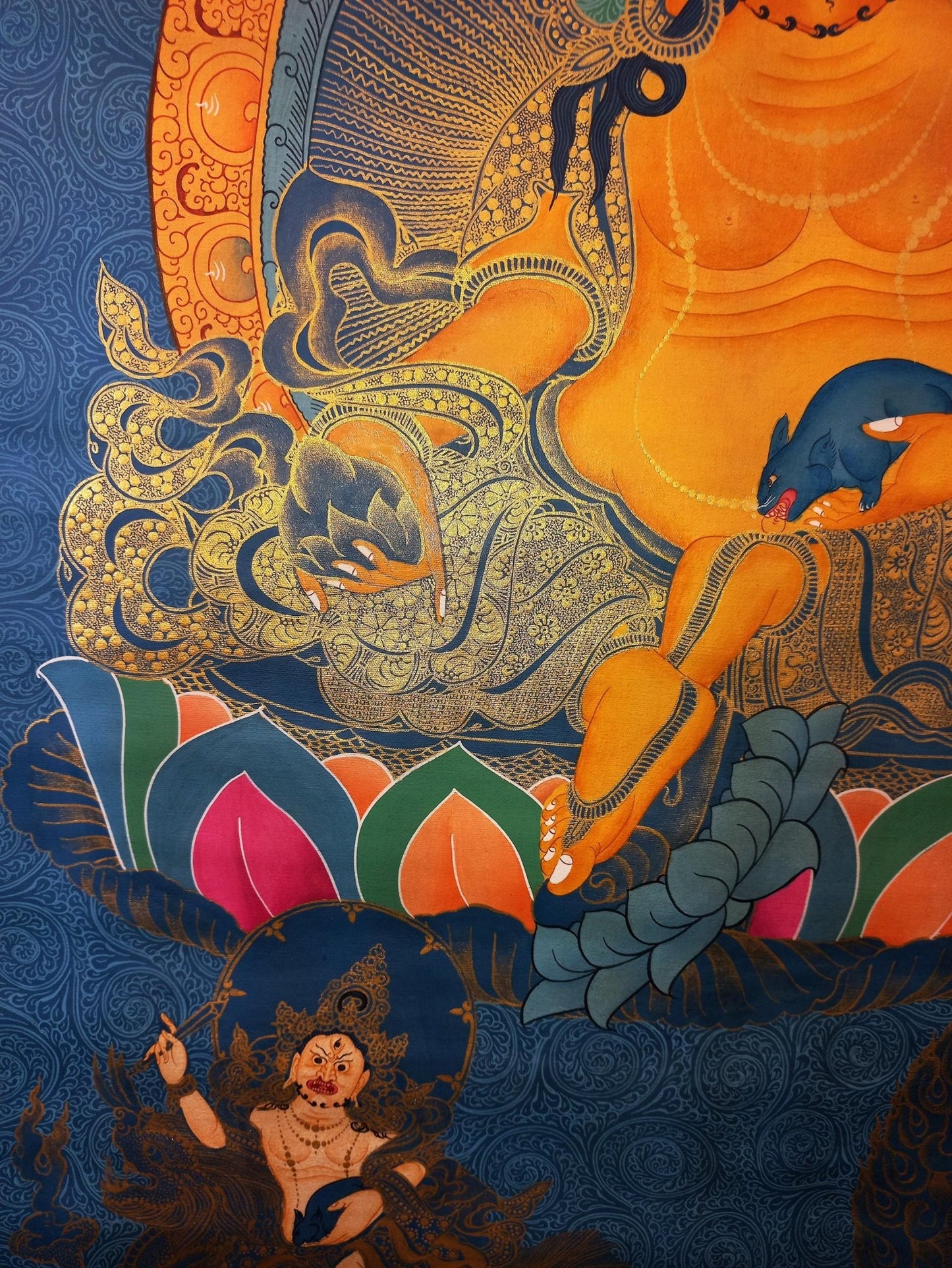 Original Hand Painted Pancha Jambhala / Zambala/ God Of Wealth/ Meditation Wall Hanging Smoky Old Style Thangka / Thanka Painting - Tibetan Thangka Art
