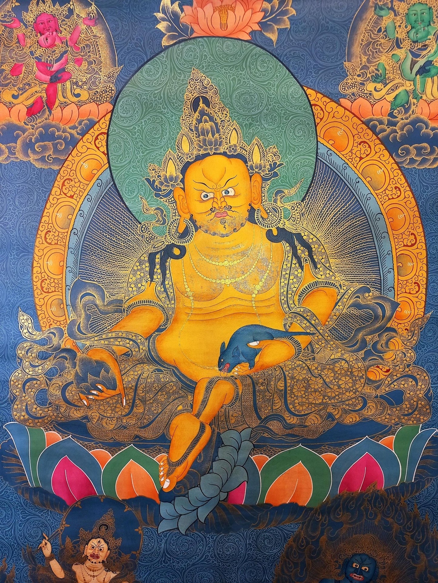Original Hand Painted Pancha Jambhala / Zambala/ God Of Wealth/ Meditation Wall Hanging Smoky Old Style Thangka / Thanka Painting - Tibetan Thangka Art