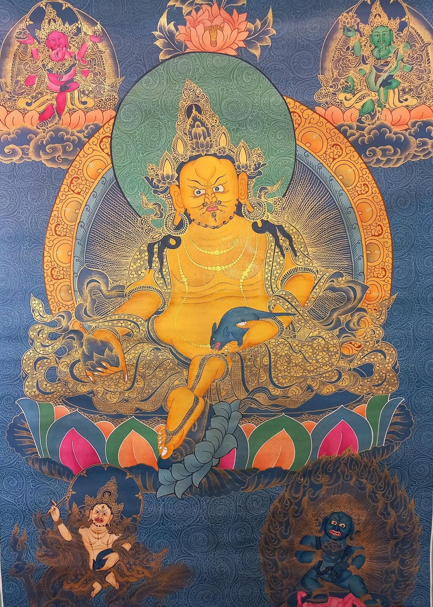 Original Hand Painted Pancha Jambhala / Zambala/ God Of Wealth/ Meditation Wall Hanging Smoky Old Style Thangka / Thanka Painting - Tibetan Thangka Art