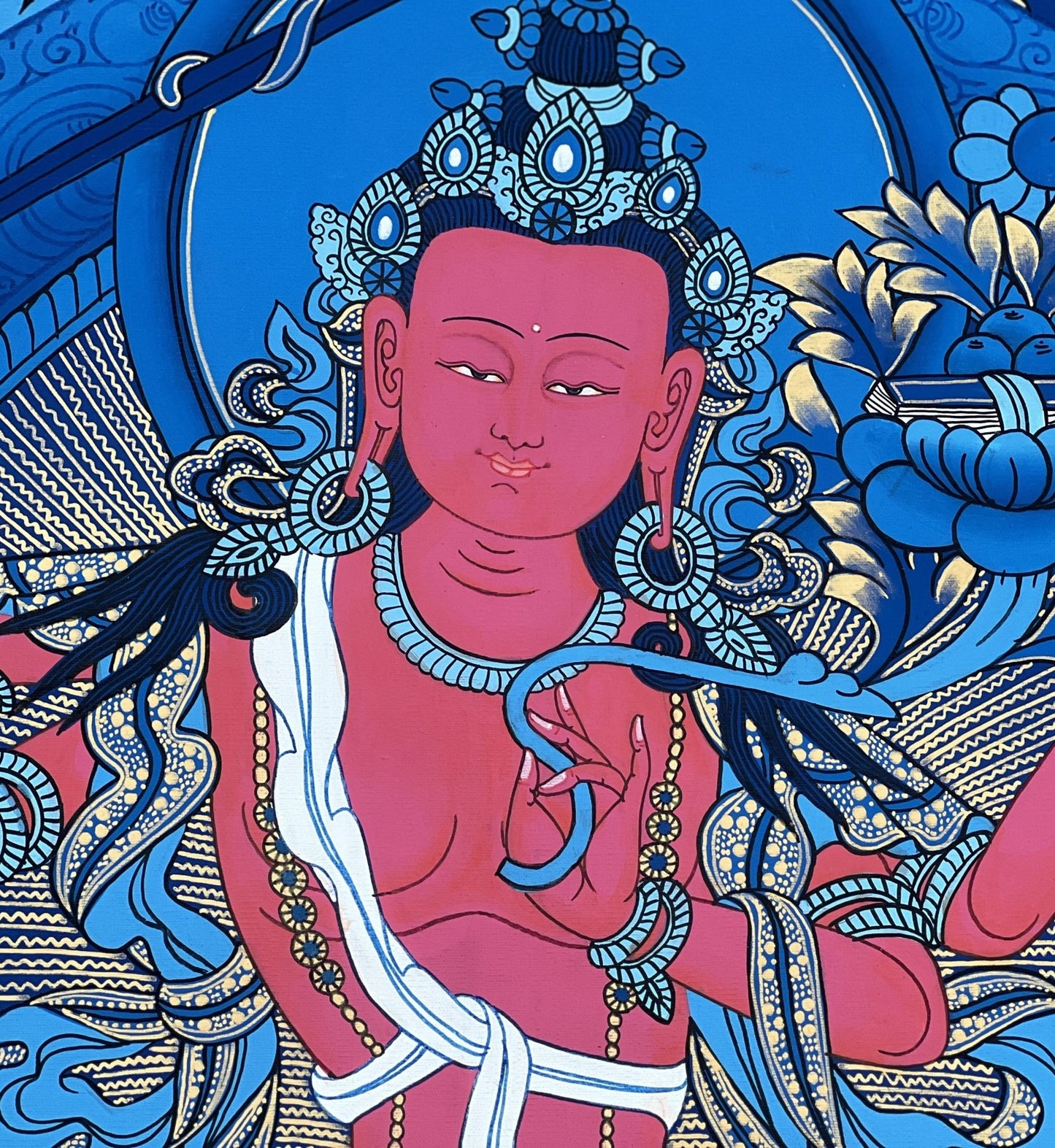 Original Hand - painted Red Manjushri/ Manjushree/ Bodhisattva Compassion Meditation Tibetan Thangka Painting with High - Quality Silk Brocade - Tibetan Thangka Art
