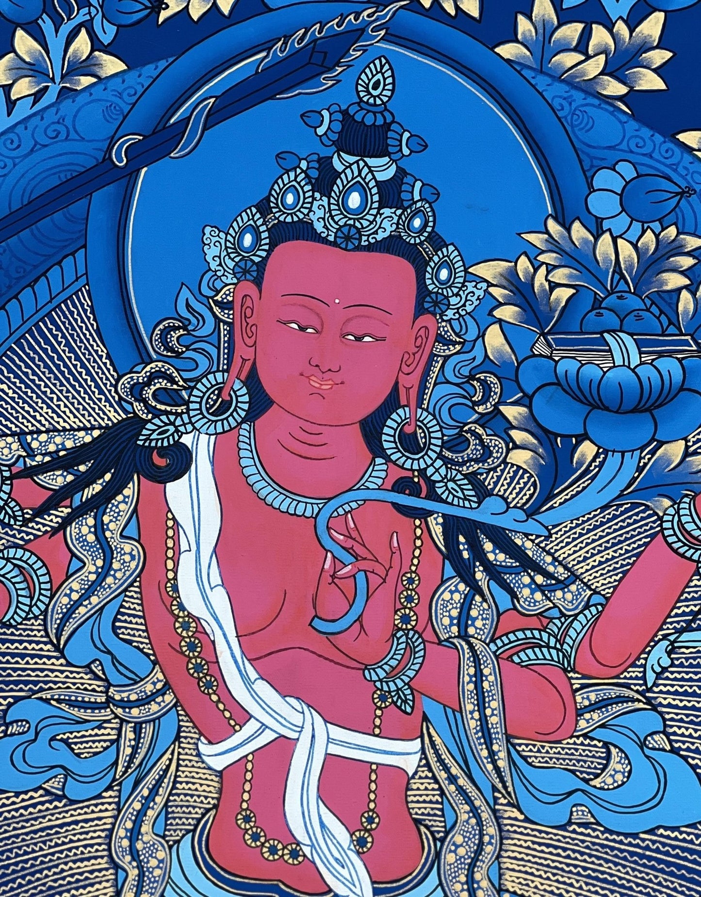 Original Hand - painted Red Manjushri/ Manjushree/ Bodhisattva Compassion Meditation Tibetan Thangka Painting with High - Quality Silk Brocade - Tibetan Thangka Art