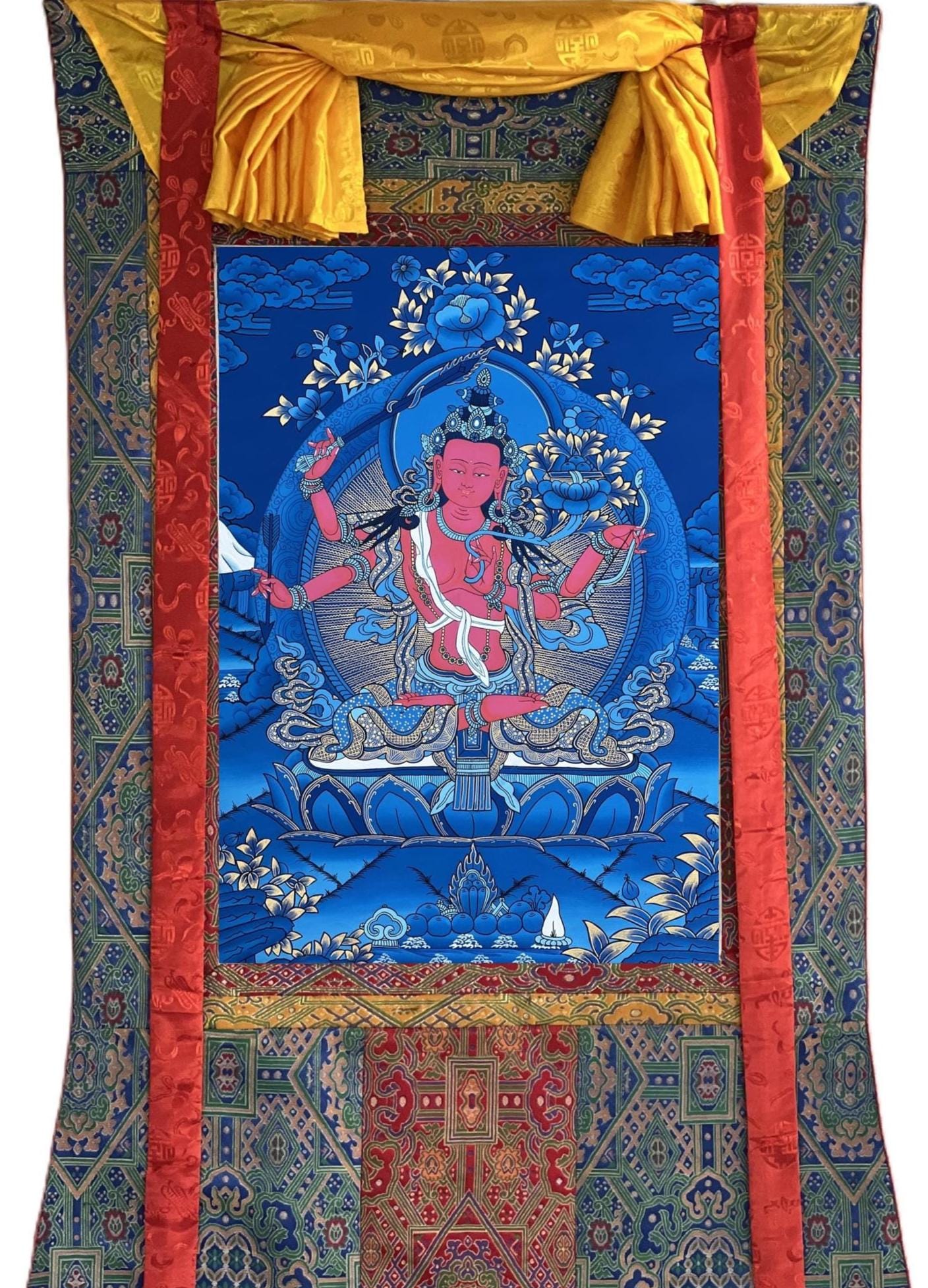 Original Hand - painted Red Manjushri/ Manjushree/ Bodhisattva Compassion Meditation Tibetan Thangka Painting with High - Quality Silk Brocade - Tibetan Thangka Art