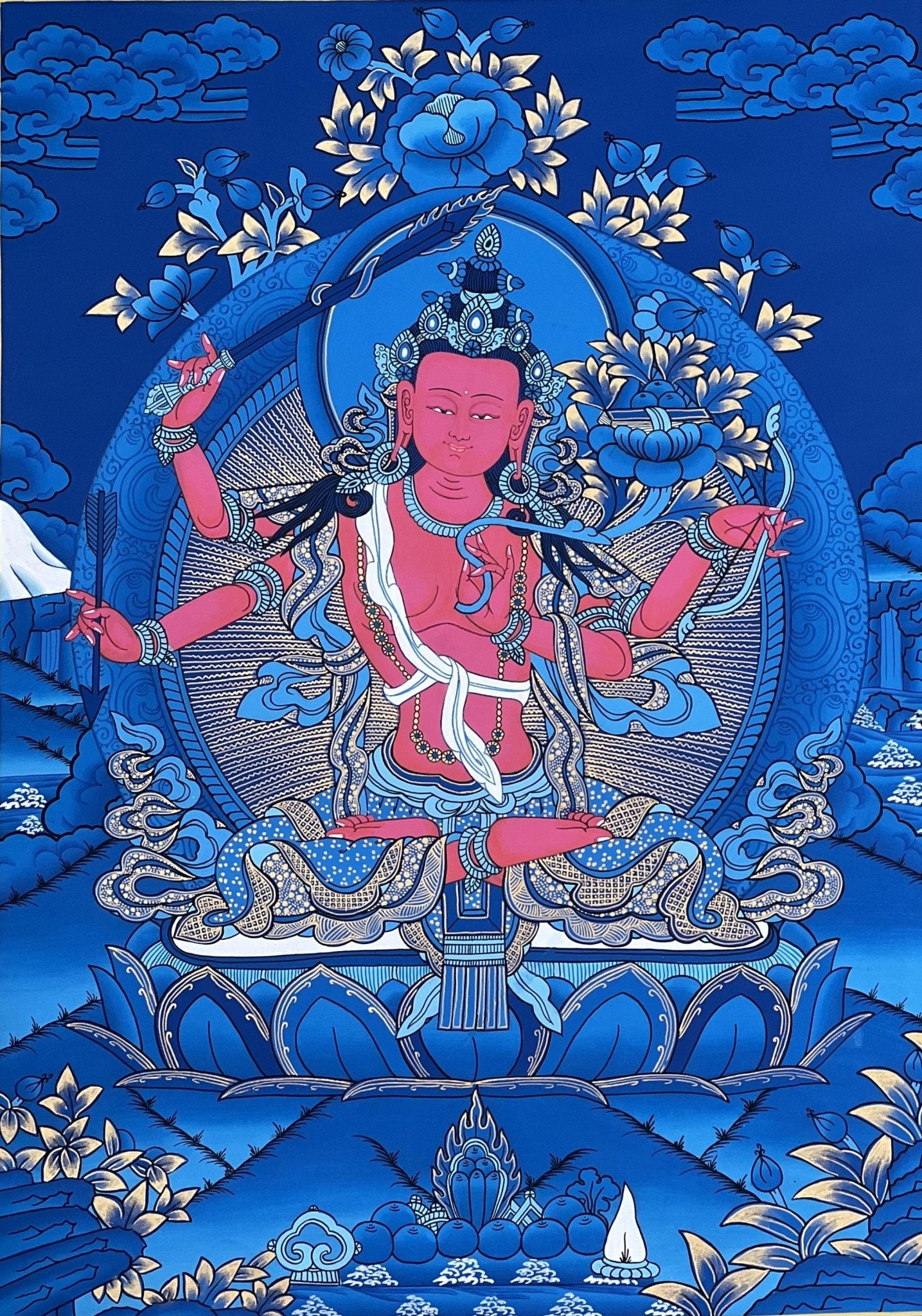 Original Hand - painted Red Manjushri/ Manjushree/ Bodhisattva Compassion Meditation Tibetan Thangka Painting with High - Quality Silk Brocade - Tibetan Thangka Art