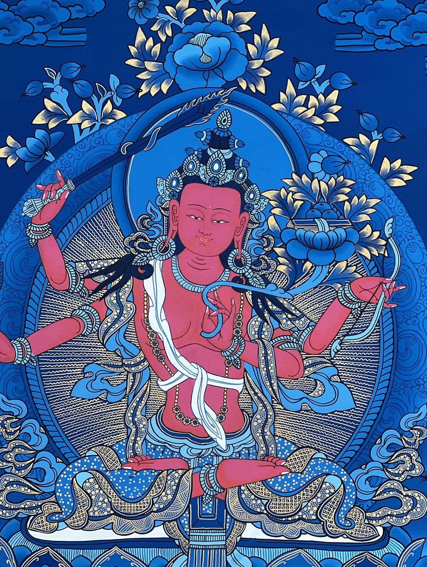 Original Hand - painted Red Manjushri/ Manjushree/ Bodhisattva Compassion Meditation Tibetan Thangka Painting with High - Quality Silk Brocade - Tibetan Thangka Art