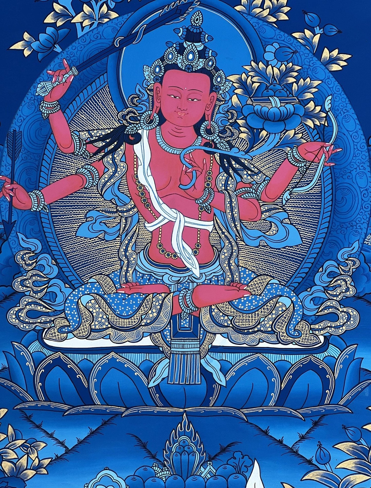 Original Hand - painted Red Manjushri/ Manjushree/ Bodhisattva Compassion Meditation Tibetan Thangka Painting with High - Quality Silk Brocade - Tibetan Thangka Art