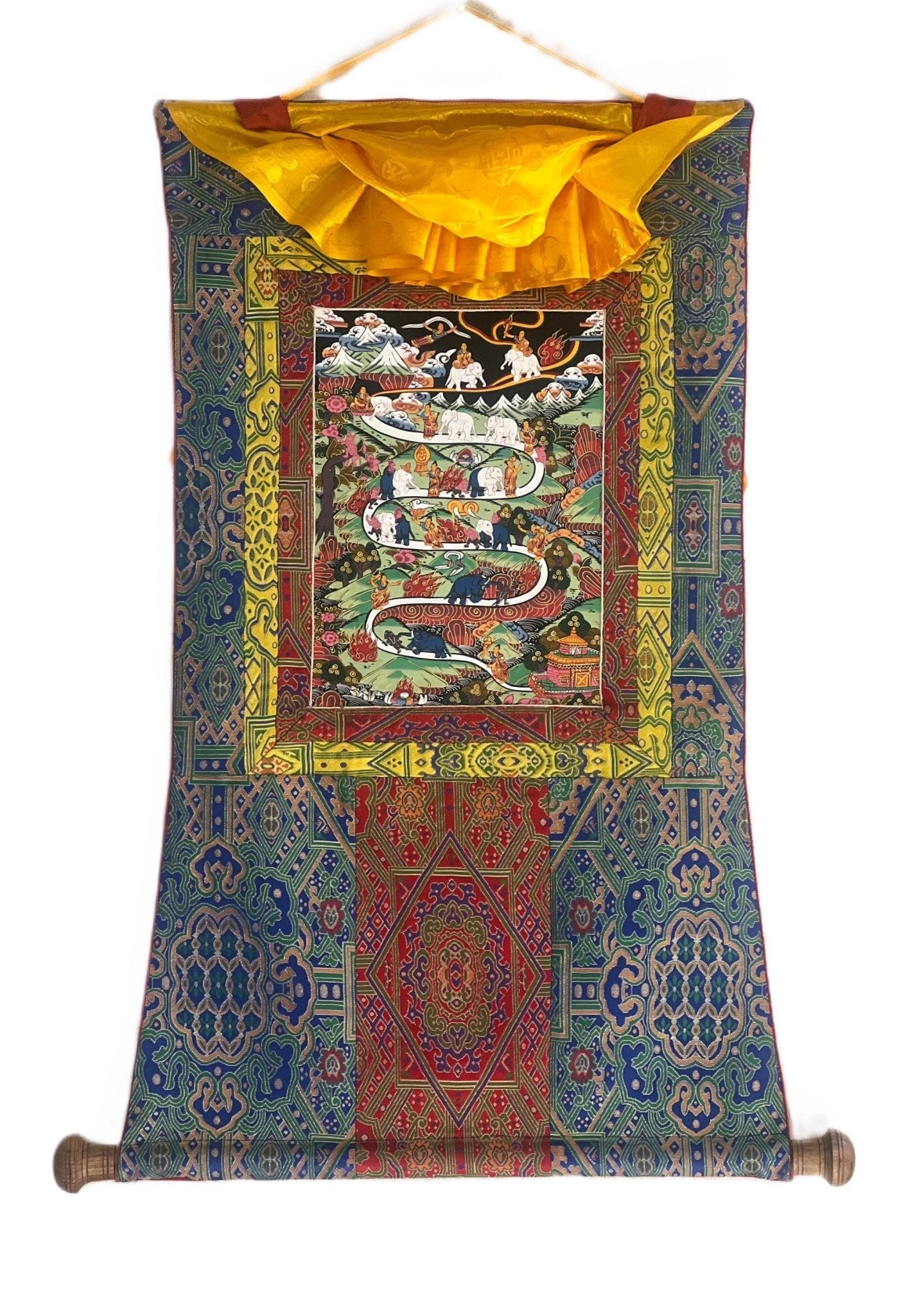 Original Hand - painted Samatha Meditation Elephant Path Way to Heaven/ Nirvana Master quality Tibetan Thangka Painting With Silk Brocade - Tibetan Thangka Art