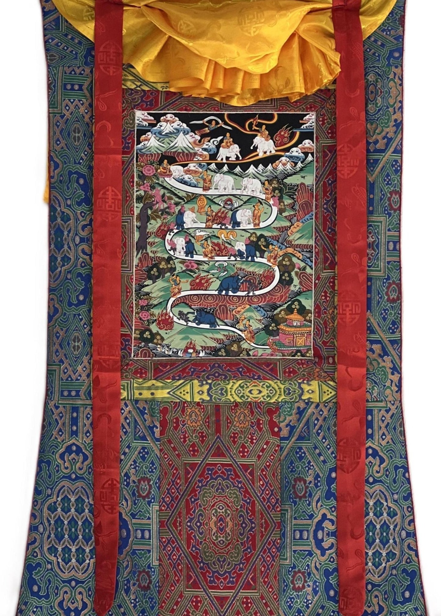 Original Hand - painted Samatha Meditation Elephant Path Way to Heaven/ Nirvana Master quality Tibetan Thangka Painting With Silk Brocade - Tibetan Thangka Art