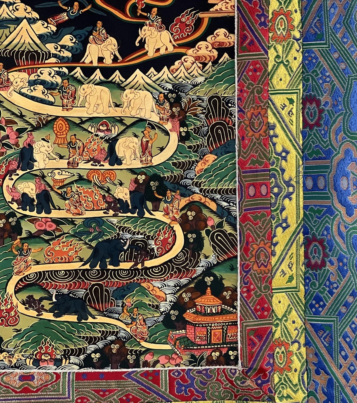 Original Hand - painted Samatha Meditation Elephant Path Way to Heaven/ Nirvana Master quality Tibetan Thangka Painting With Silk Brocade - Tibetan Thangka Art