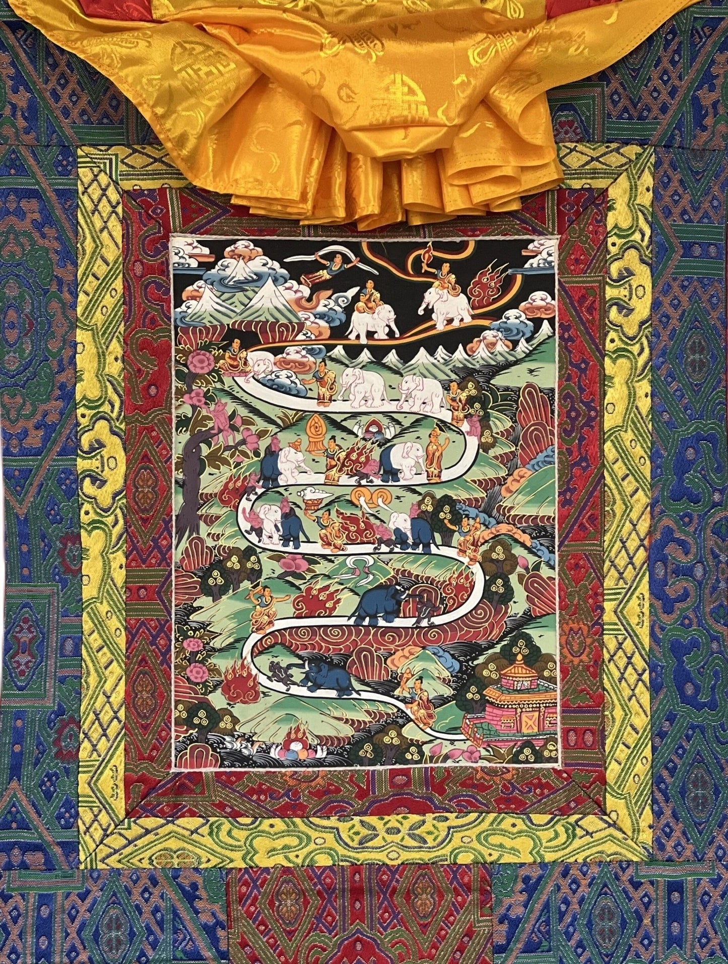 Original Hand - painted Samatha Meditation Elephant Path Way to Heaven/ Nirvana Master quality Tibetan Thangka Painting With Silk Brocade - Tibetan Thangka Art