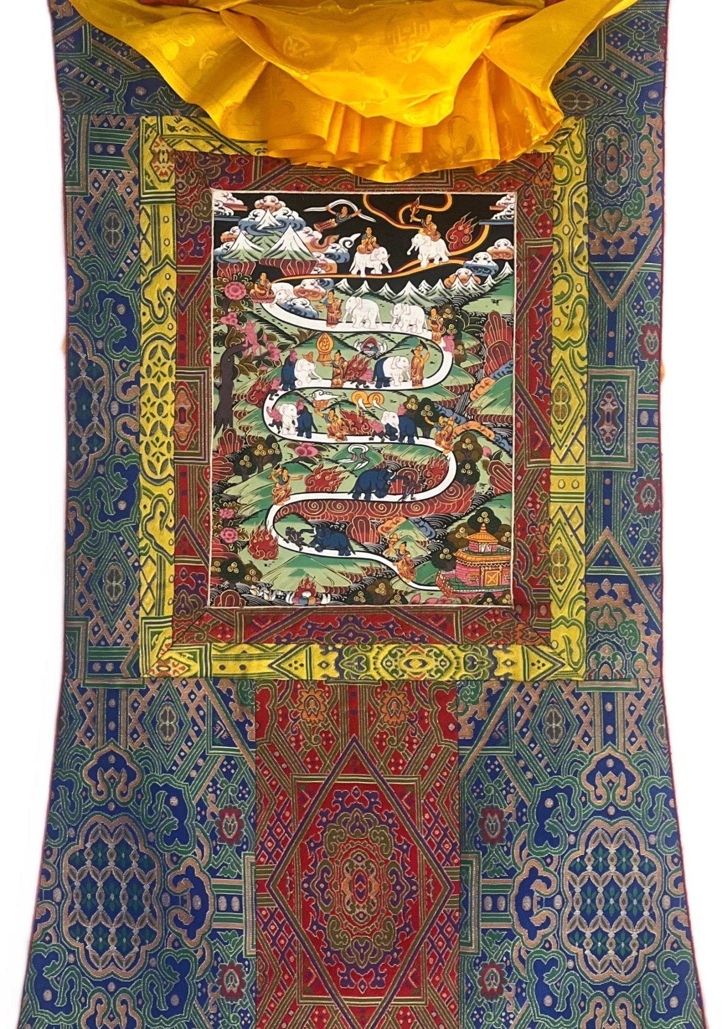 Original Hand - painted Samatha Meditation Elephant Path Way to Heaven/ Nirvana Master quality Tibetan Thangka Painting With Silk Brocade - Tibetan Thangka Art