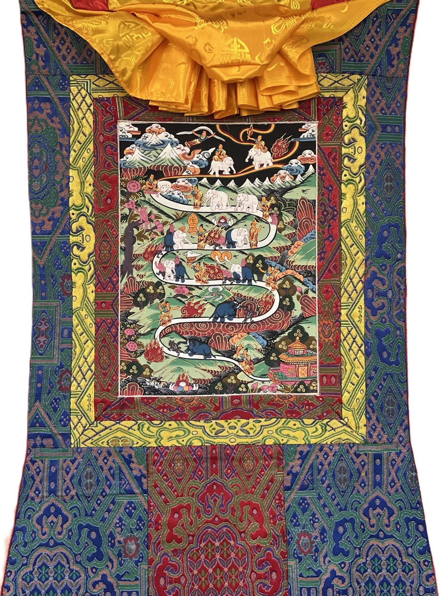 Original Hand - painted Samatha Meditation Elephant Path Way to Heaven/ Nirvana Master quality Tibetan Thangka Painting With Silk Brocade - Tibetan Thangka Art