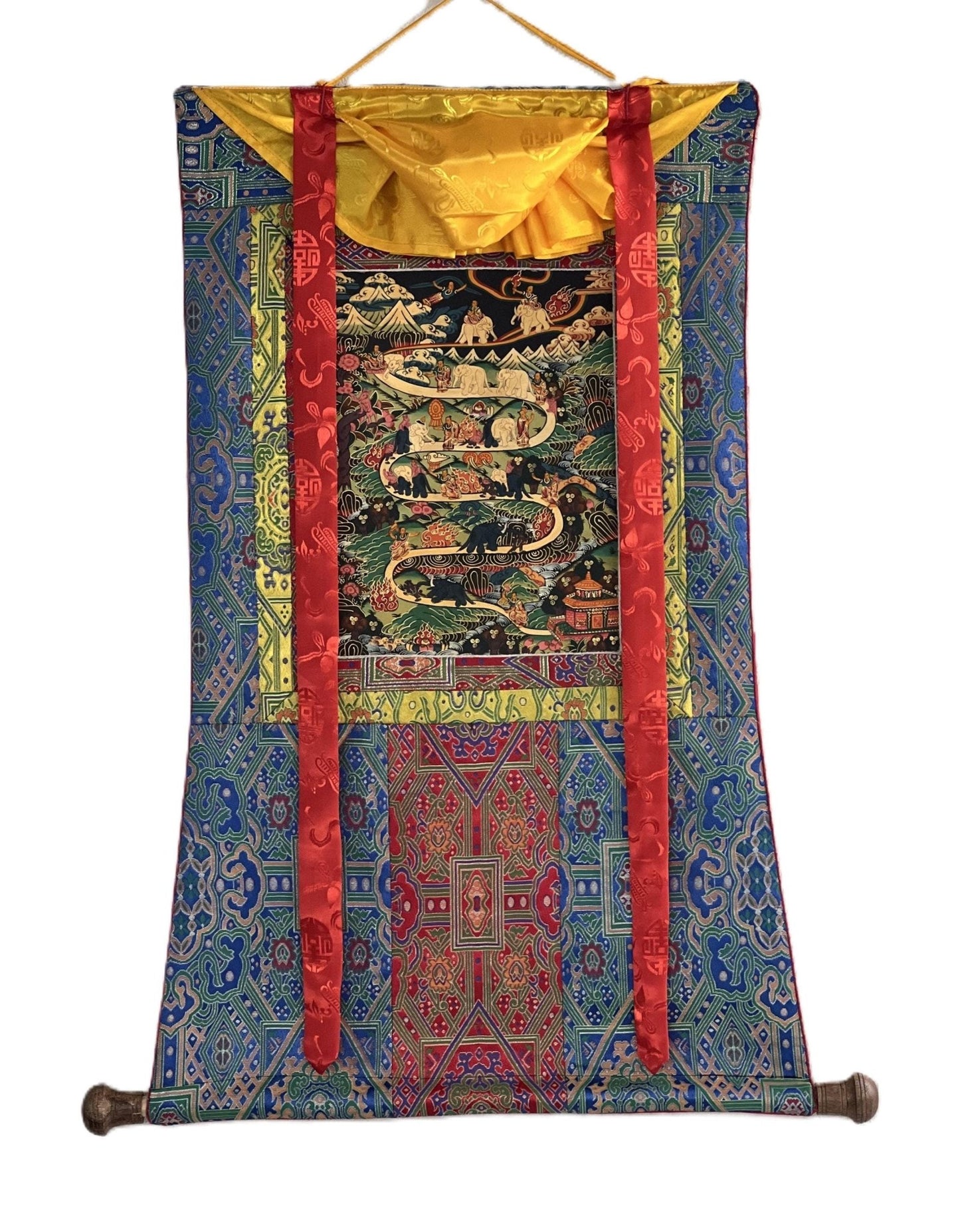 Original Hand - painted Samatha Meditation Elephant Path Way to Heaven/ Nirvana Master quality Tibetan Thangka Painting With Silk Brocade - Tibetan Thangka Art
