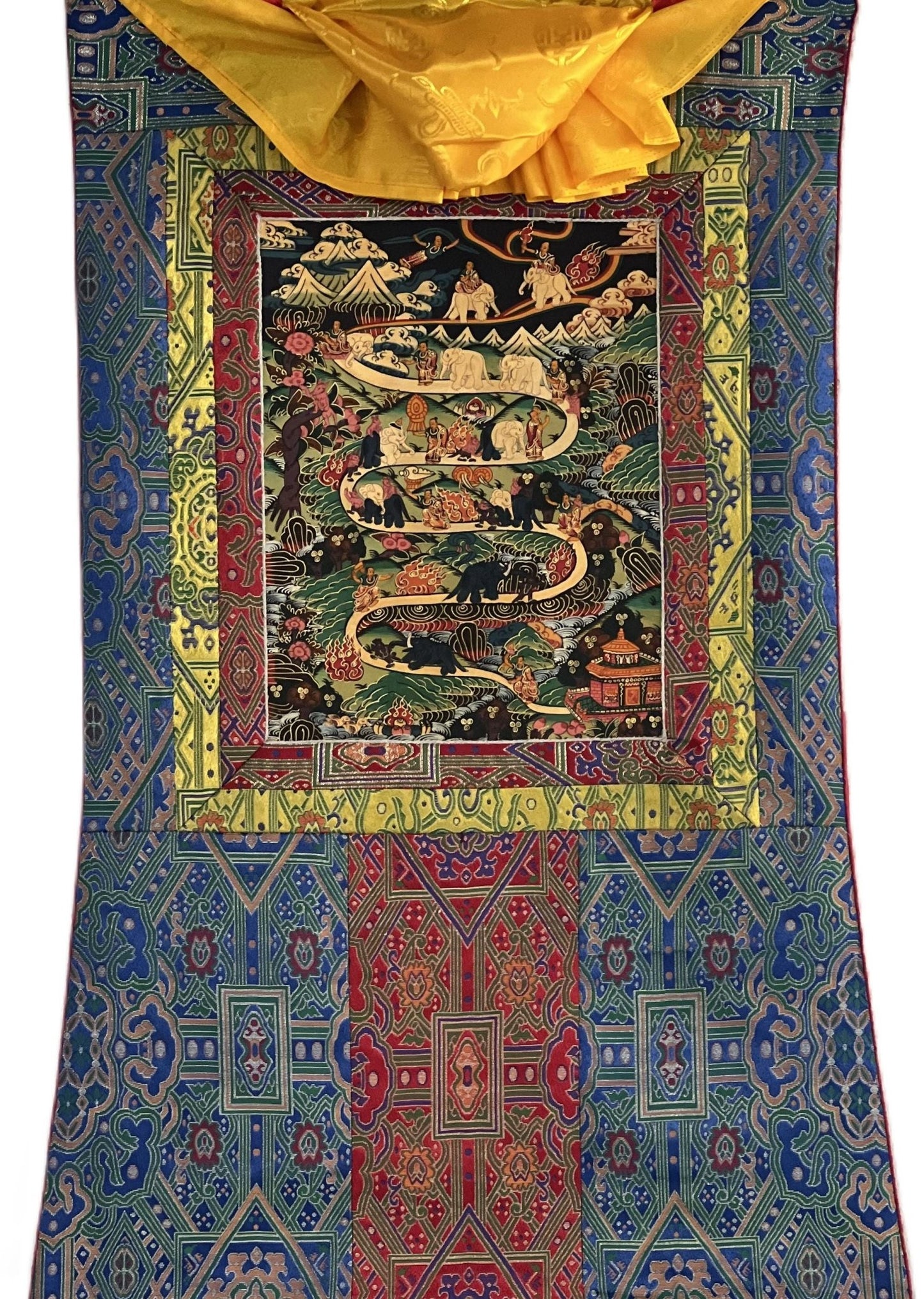Original Hand - painted Samatha Meditation Elephant Path Way to Heaven/ Nirvana Master quality Tibetan Thangka Painting With Silk Brocade - Tibetan Thangka Art