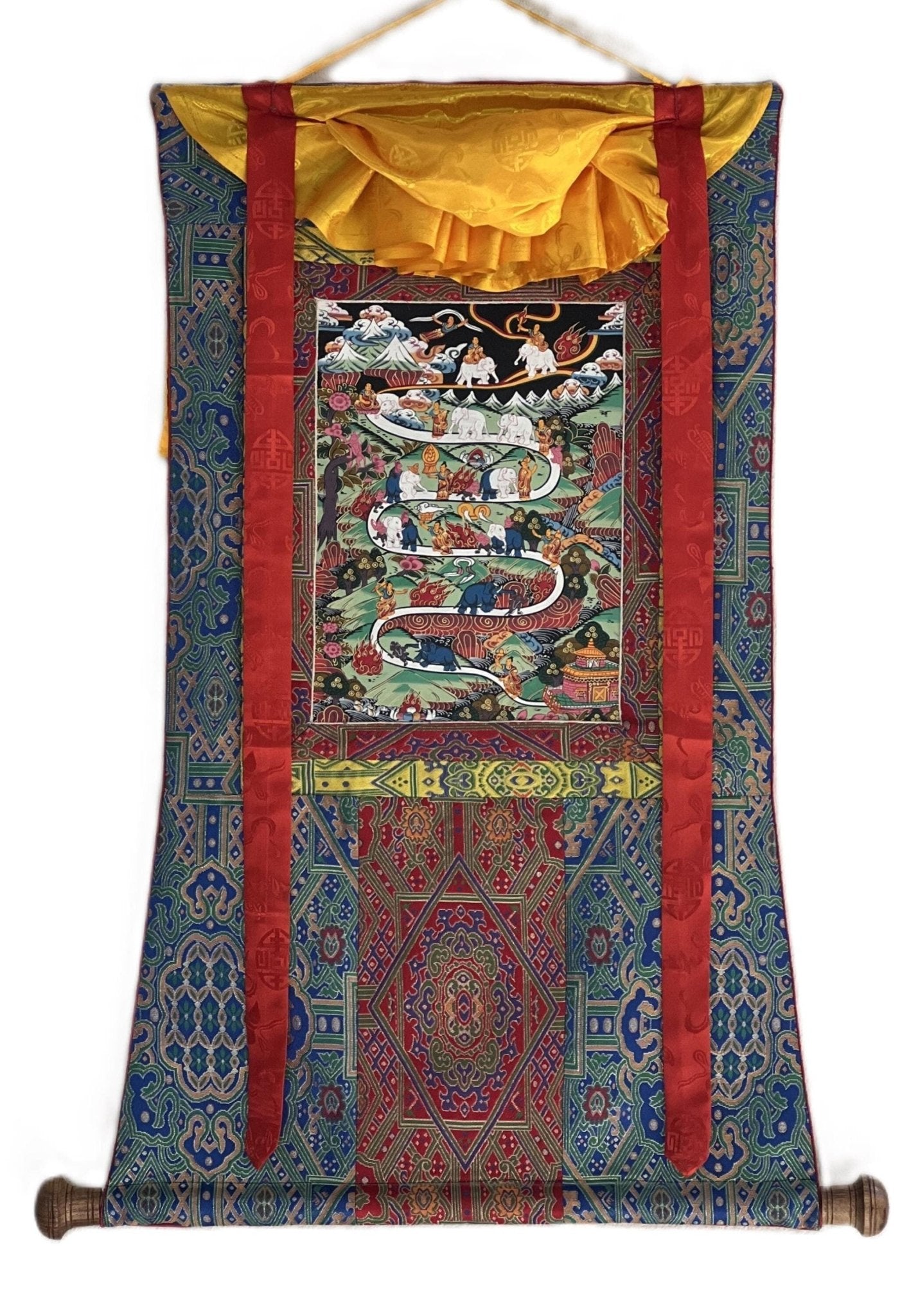 Original Hand - painted Samatha Meditation Elephant Path Way to Heaven/ Nirvana Master quality Tibetan Thangka Painting With Silk Brocade - Tibetan Thangka Art