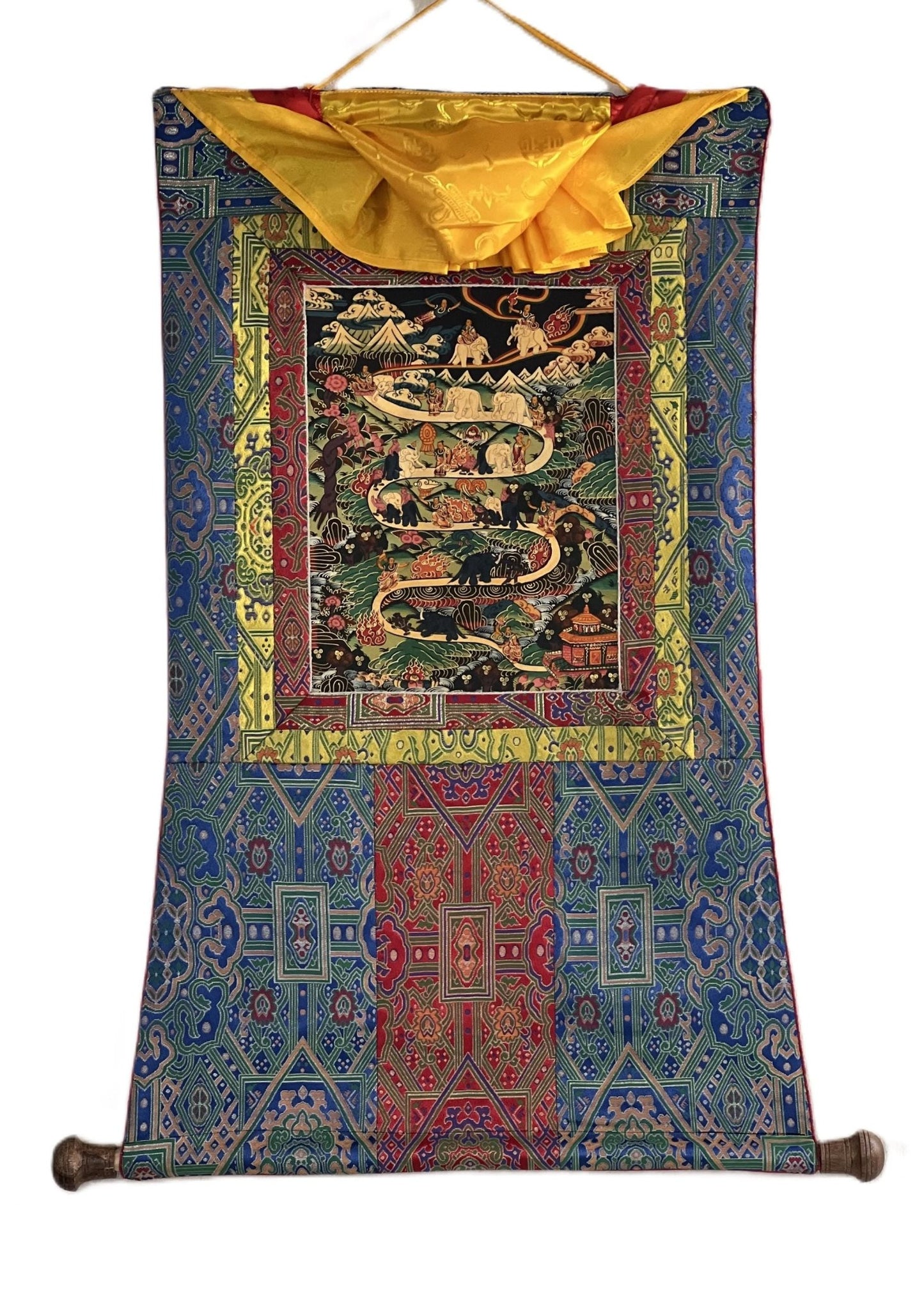 Original Hand - painted Samatha Meditation Elephant Path Way to Heaven/ Nirvana Master quality Tibetan Thangka Painting With Silk Brocade - Tibetan Thangka Art