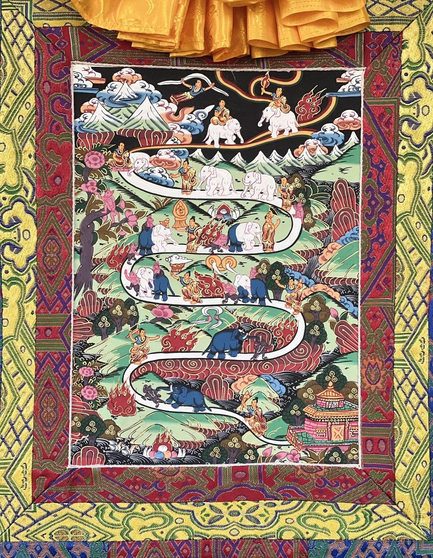 Original Hand - painted Samatha Meditation Elephant Path Way to Heaven/ Nirvana Master quality Tibetan Thangka Painting With Silk Brocade - Tibetan Thangka Art