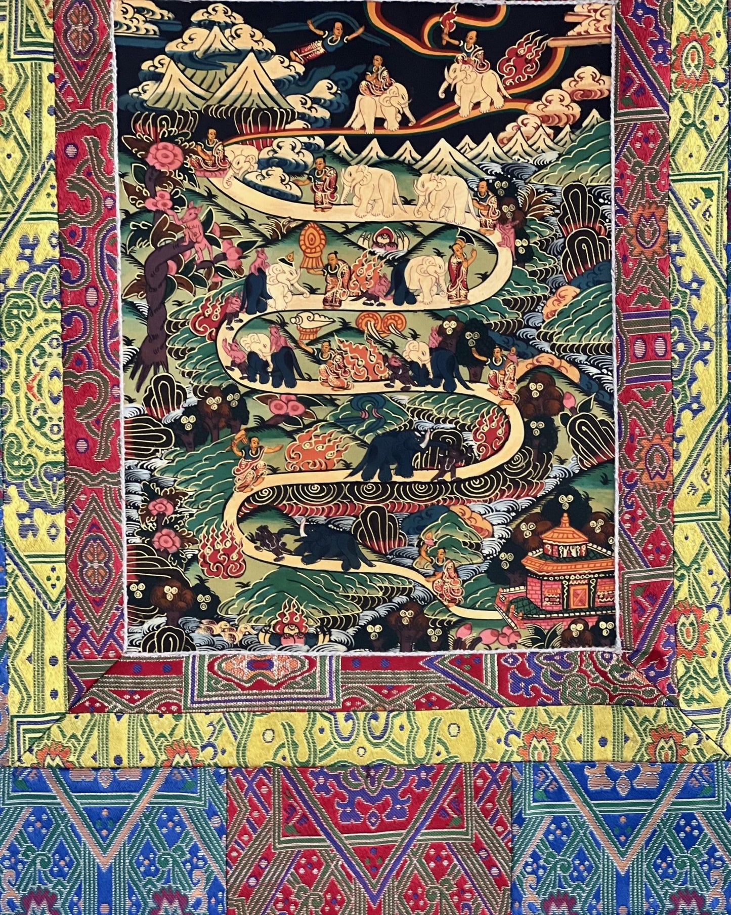 Original Hand - painted Samatha Meditation Elephant Path Way to Heaven/ Nirvana Master quality Tibetan Thangka Painting With Silk Brocade - Tibetan Thangka Art
