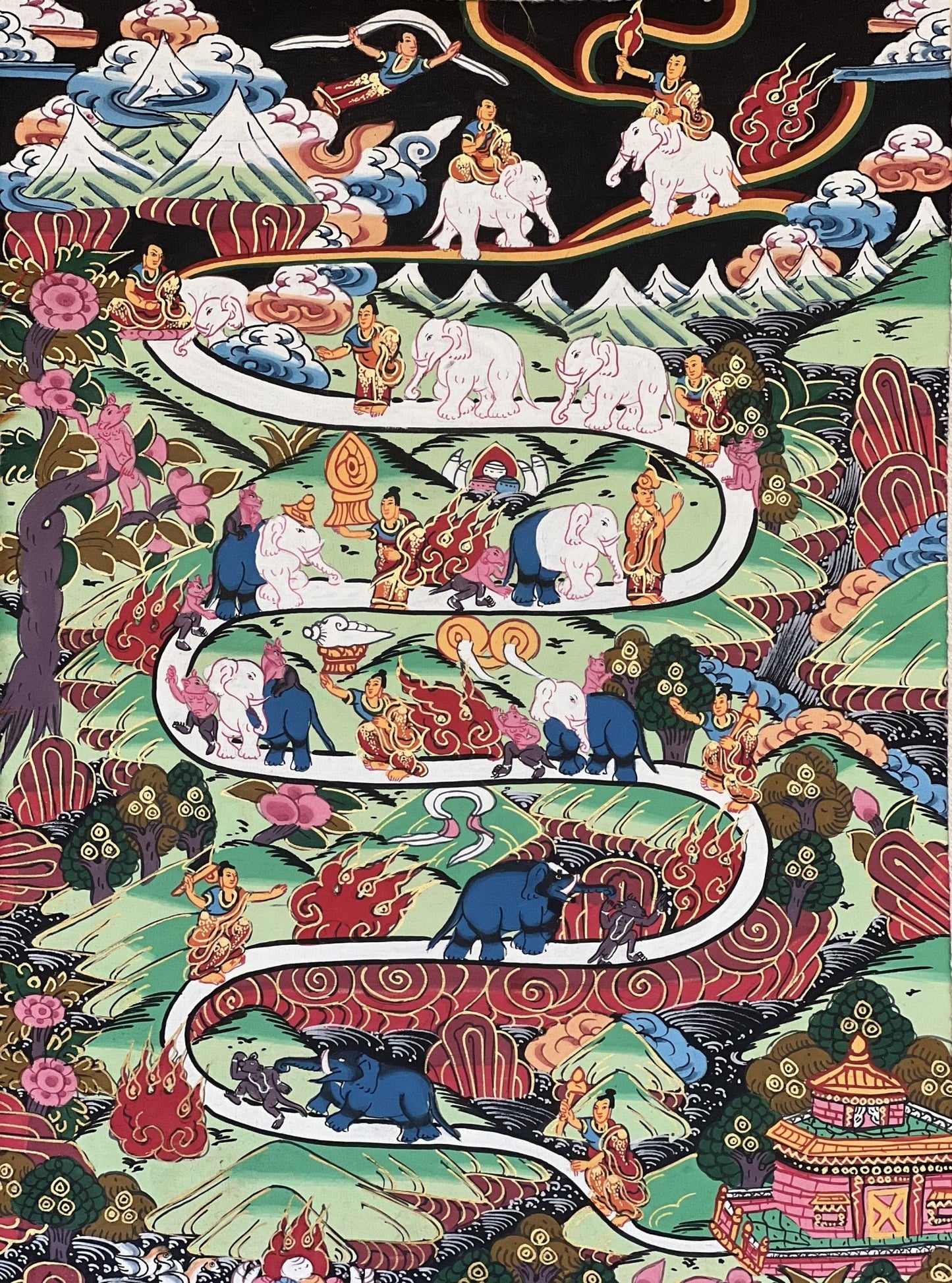 Original Hand - painted Samatha Meditation Elephant Path Way to Heaven/ Nirvana Master quality Tibetan Thangka Painting With Silk Brocade - Tibetan Thangka Art