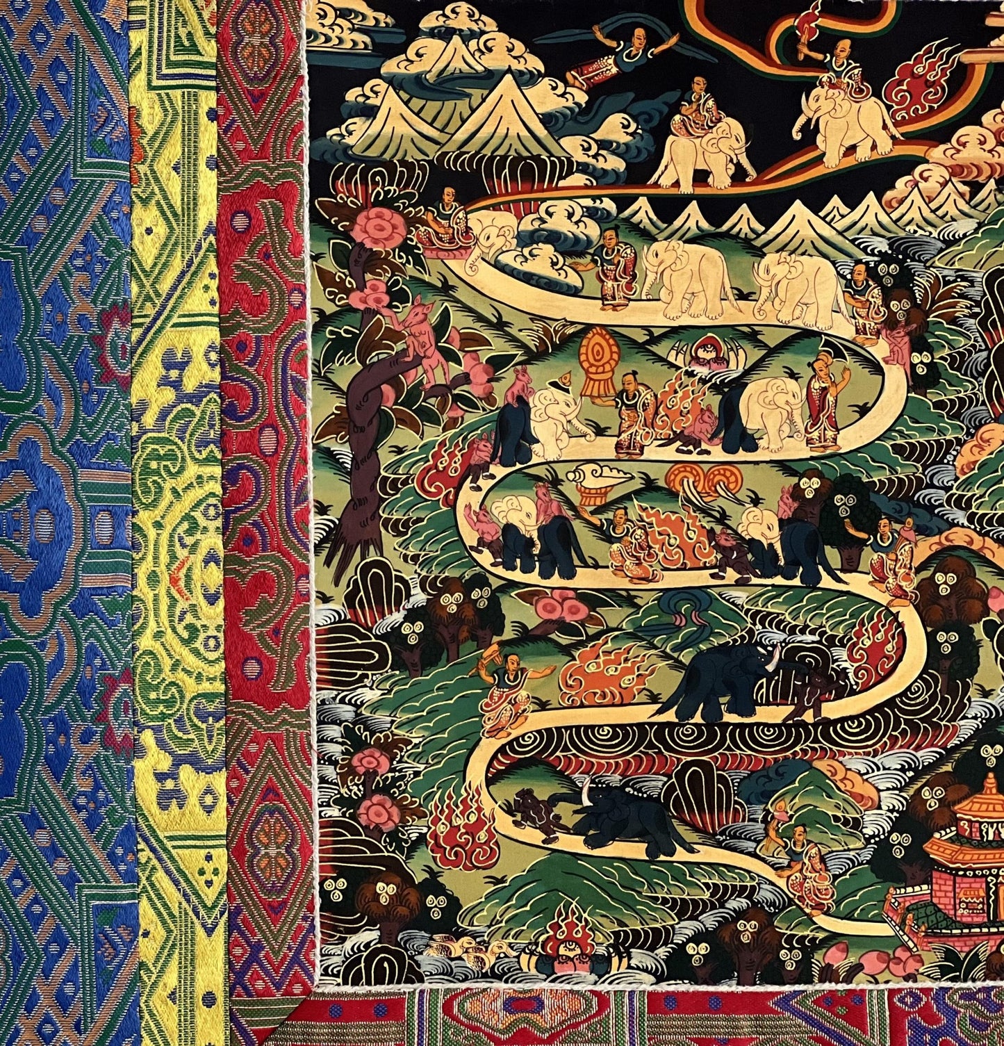 Original Hand - painted Samatha Meditation Elephant Path Way to Heaven/ Nirvana Master quality Tibetan Thangka Painting With Silk Brocade - Tibetan Thangka Art
