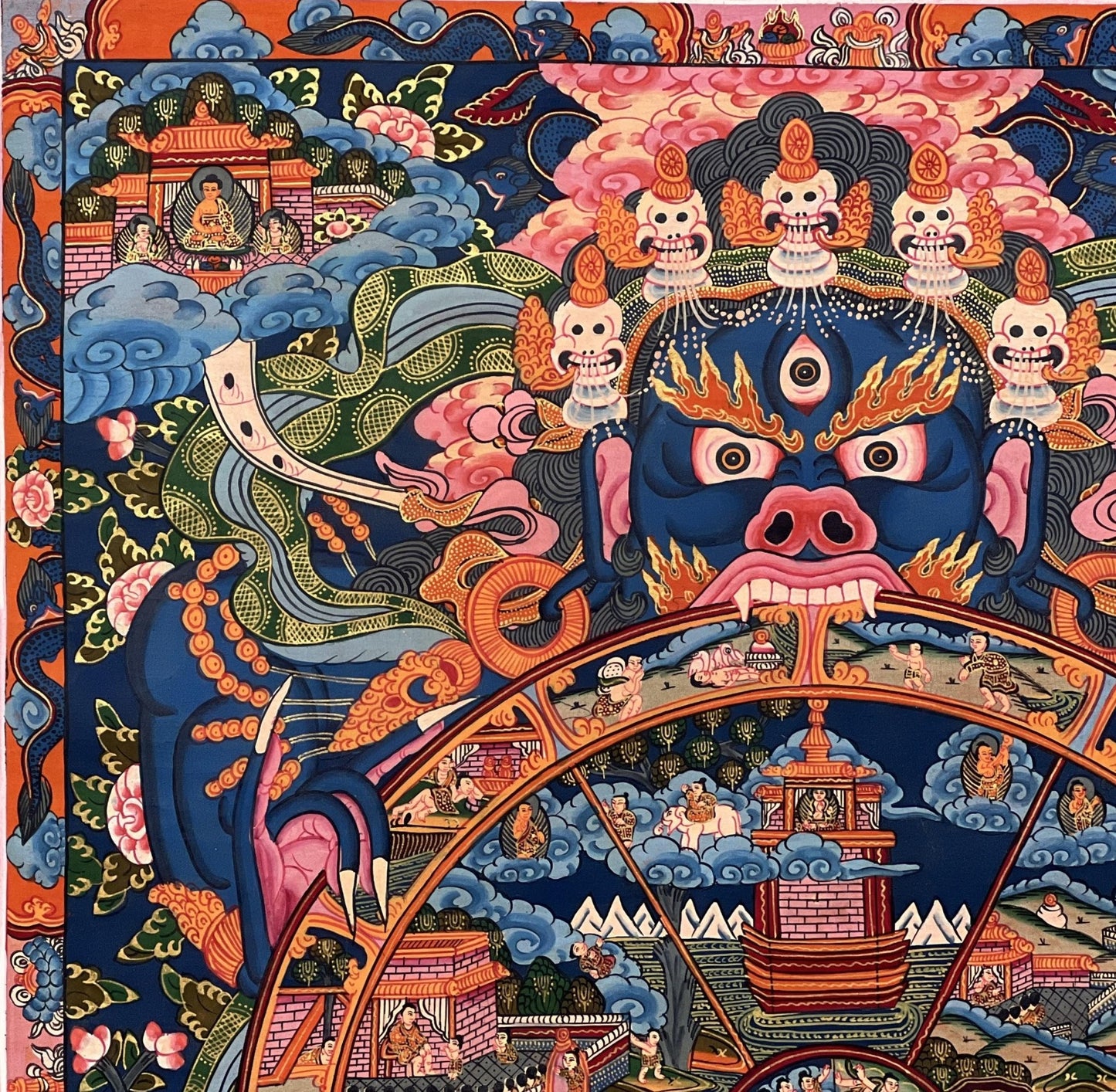 Original Hand Painted Samsara Wheel of Time/ Bhavachakra Mandala Tibetan Thangka Painting/ Wall Hanging with High - Quality Silk Brocade - Tibetan Thangka Art