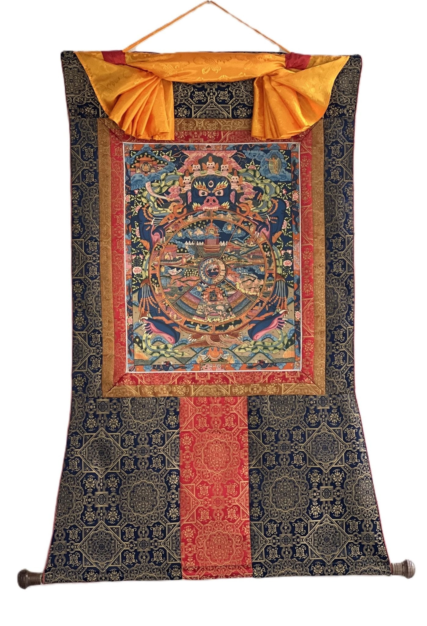 Original Hand Painted Samsara Wheel of Time/ Bhavachakra Mandala Tibetan Thangka Painting/ Wall Hanging with High - Quality Silk Brocade - Tibetan Thangka Art