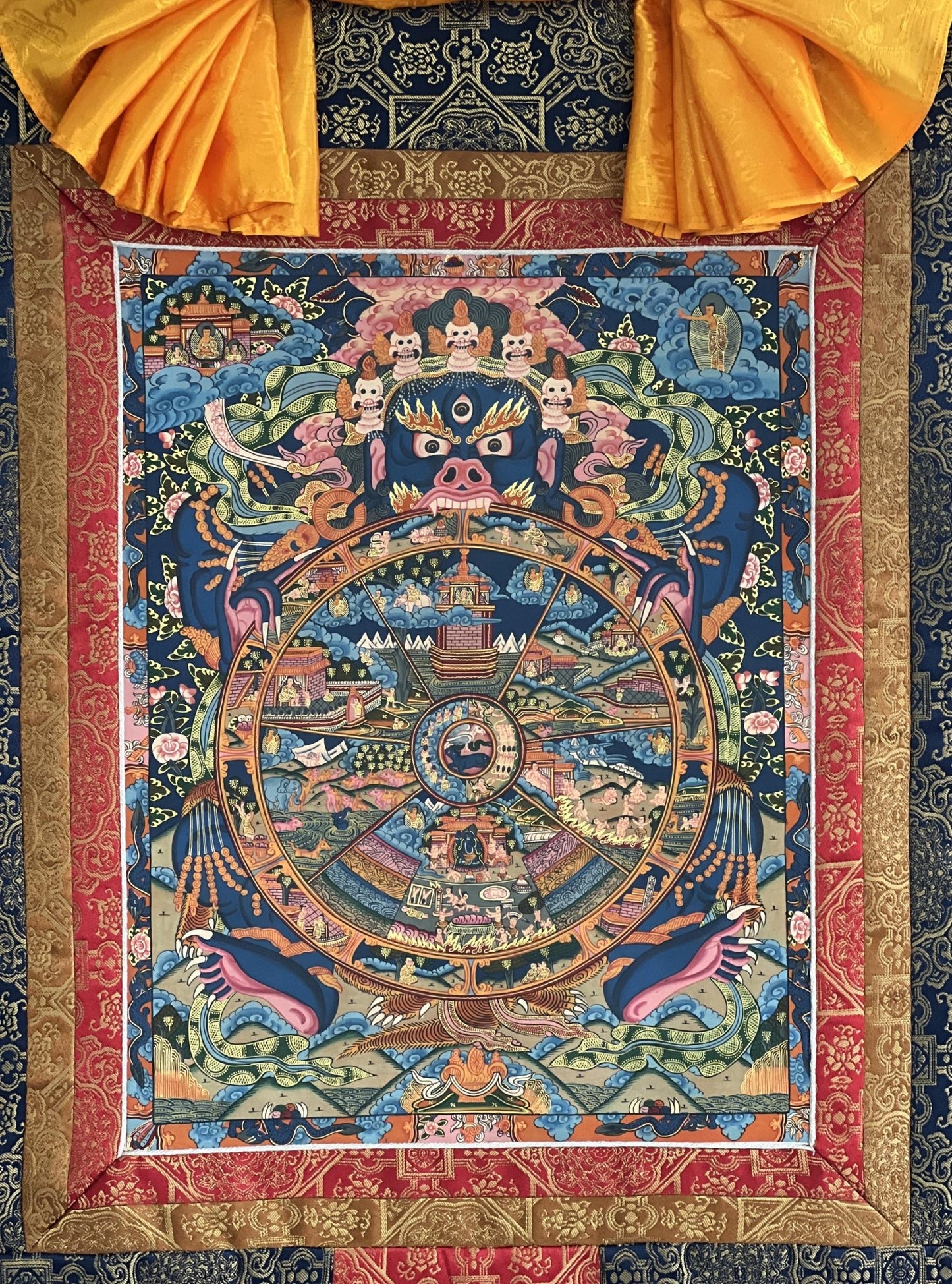 Original Hand Painted Samsara Wheel of Time/ Bhavachakra Mandala Tibetan Thangka Painting/ Wall Hanging with High - Quality Silk Brocade - Tibetan Thangka Art