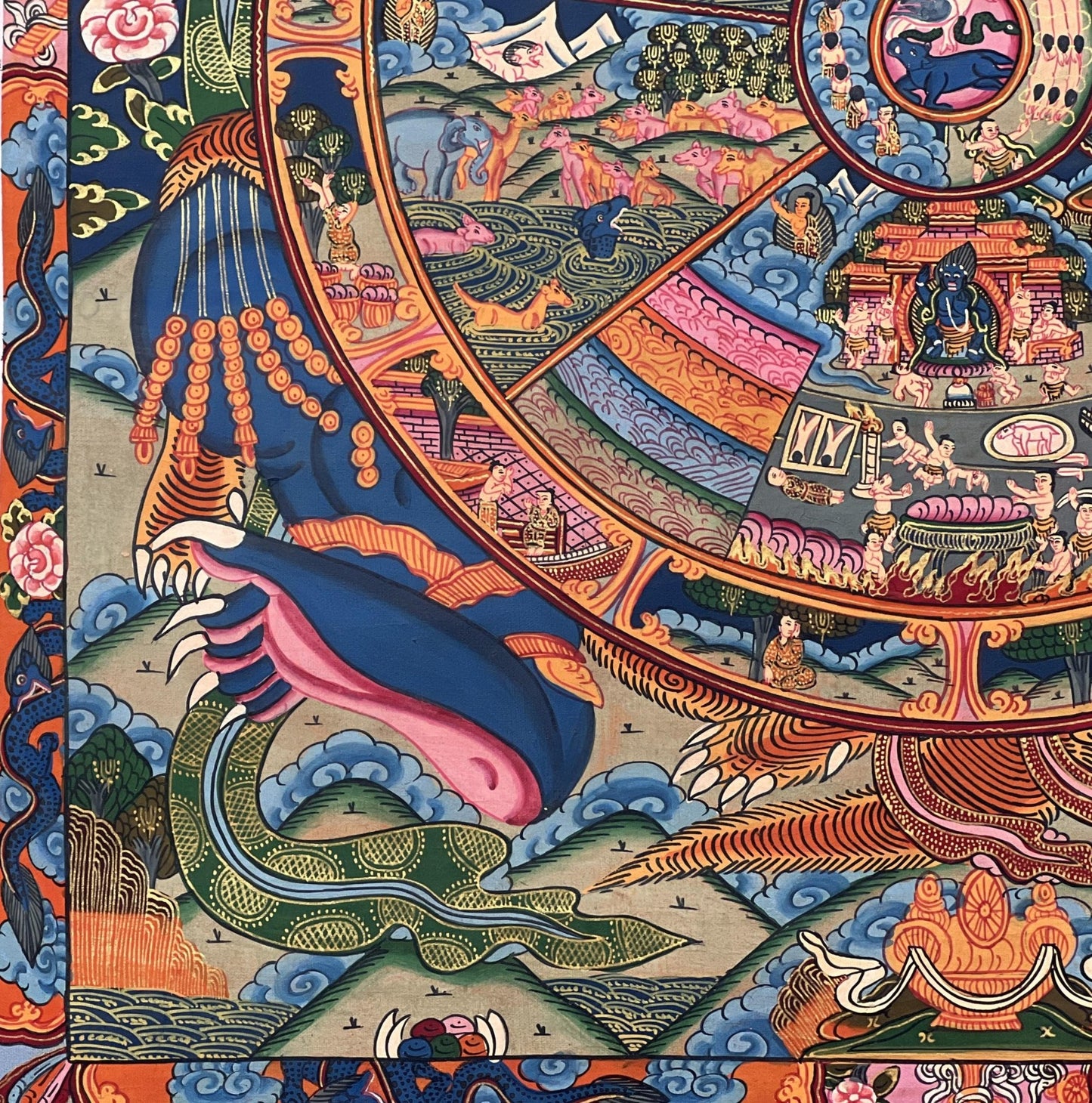 Original Hand Painted Samsara Wheel of Time/ Bhavachakra Mandala Tibetan Thangka Painting/ Wall Hanging with High - Quality Silk Brocade - Tibetan Thangka Art