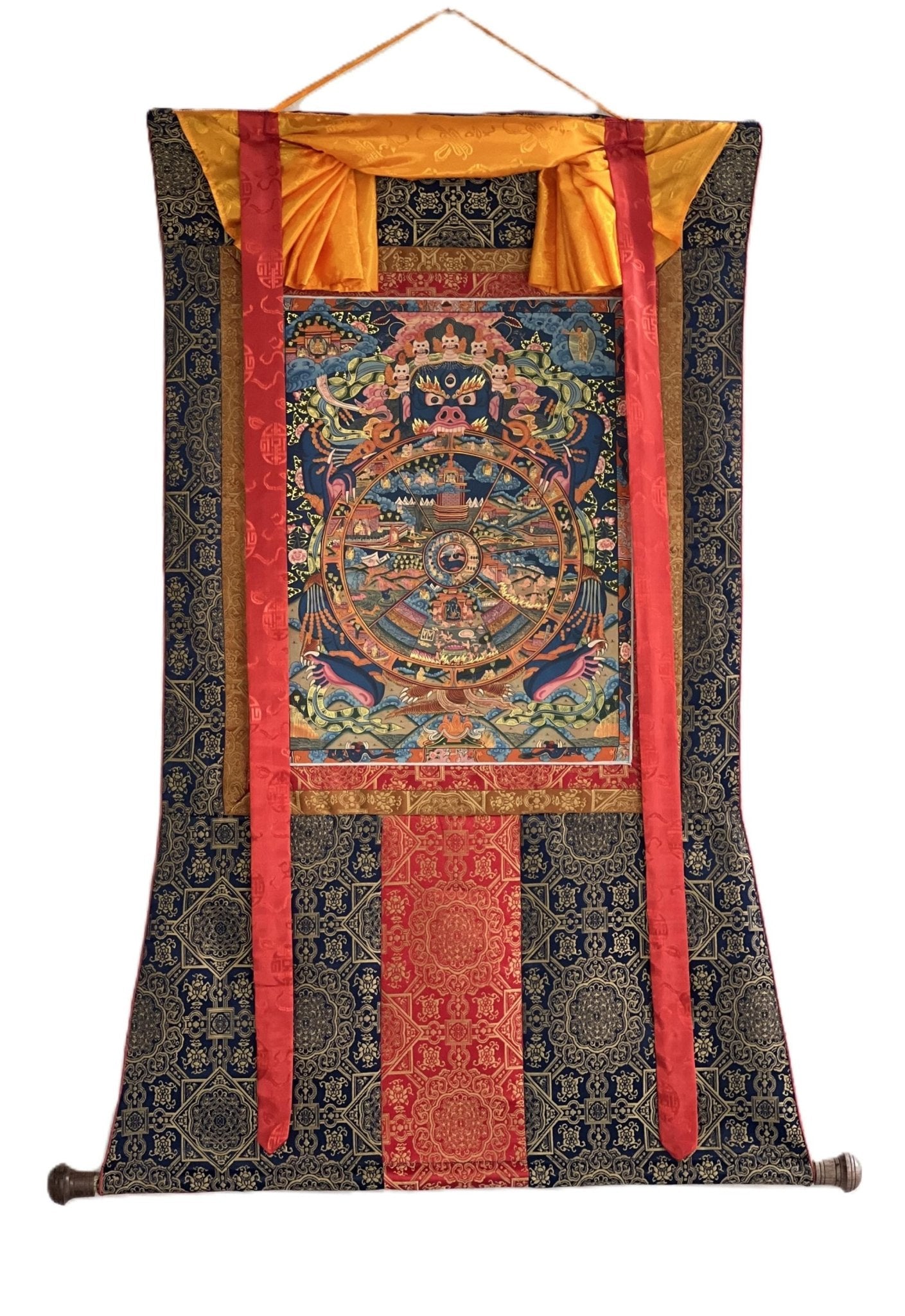 Original Hand Painted Samsara Wheel of Time/ Bhavachakra Mandala Tibetan Thangka Painting/ Wall Hanging with High - Quality Silk Brocade - Tibetan Thangka Art