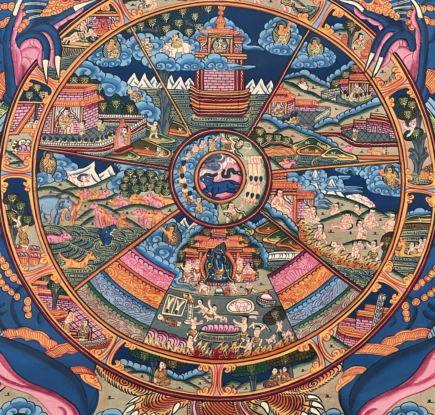 Original Hand Painted Samsara Wheel of Time/ Bhavachakra Mandala Tibetan Thangka Painting/ Wall Hanging with High - Quality Silk Brocade - Tibetan Thangka Art
