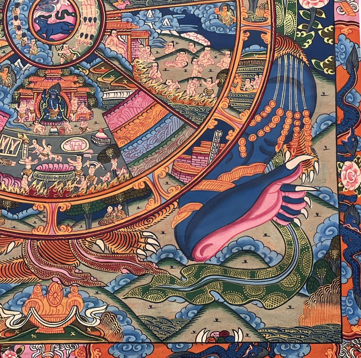 Original Hand Painted Samsara Wheel of Time/ Bhavachakra Mandala Tibetan Thangka Painting/ Wall Hanging with High - Quality Silk Brocade - Tibetan Thangka Art