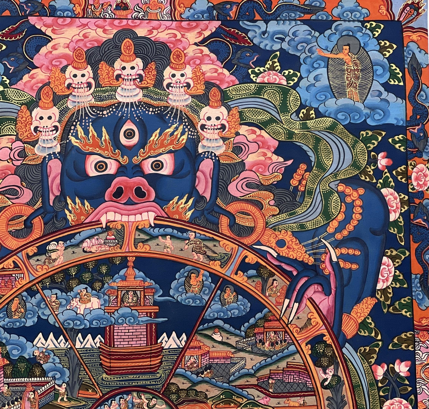 Original Hand Painted Samsara Wheel of Time/ Bhavachakra Mandala Tibetan Thangka Painting/ Wall Hanging with High - Quality Silk Brocade - Tibetan Thangka Art