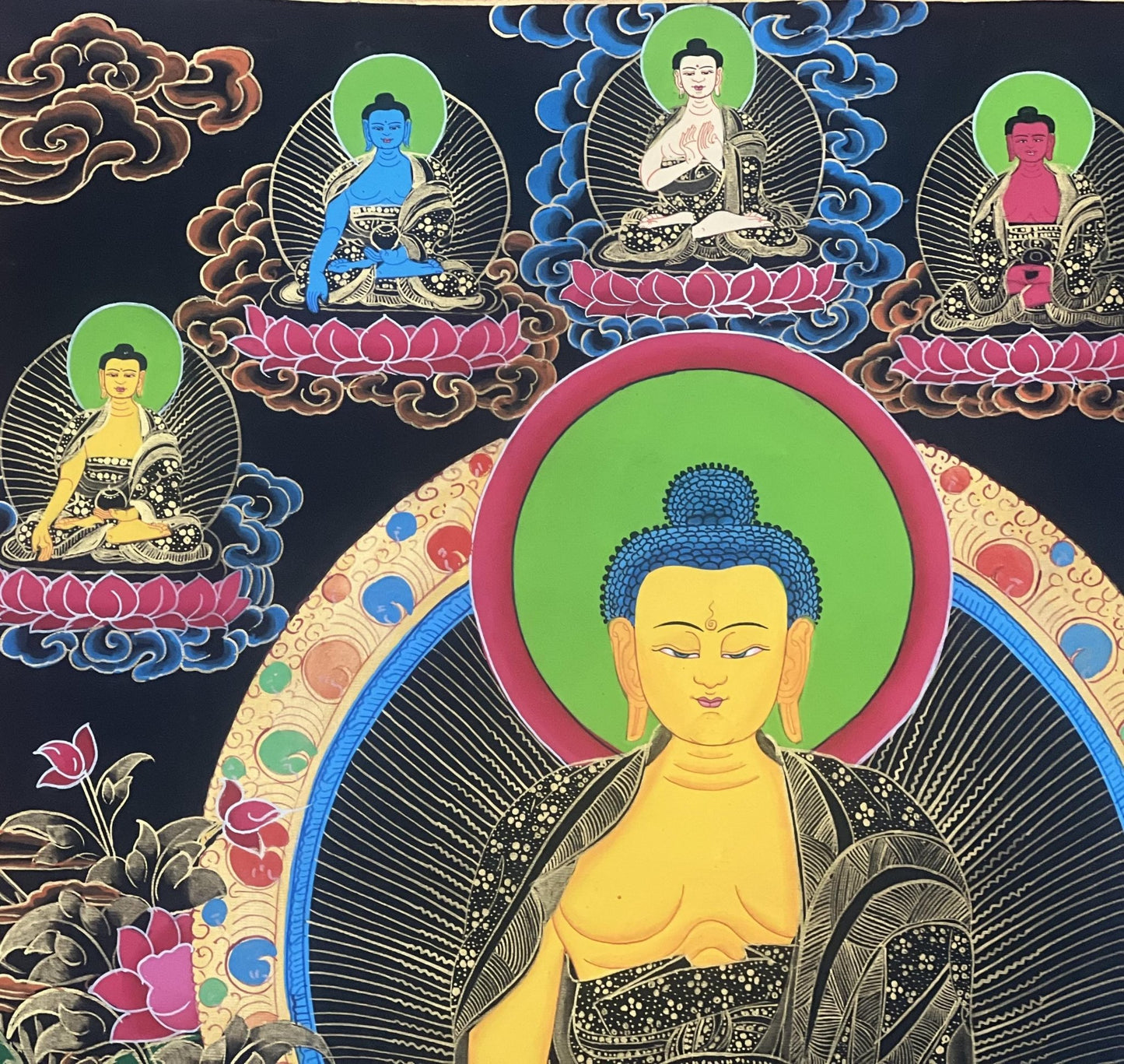 Original Hand Painted Shakyamuni Buddha / Gautama Masterpiece With Two Disciples Tibetan mediation Painting Thangka / Thanka From Nepal - Tibetan Thangka Art