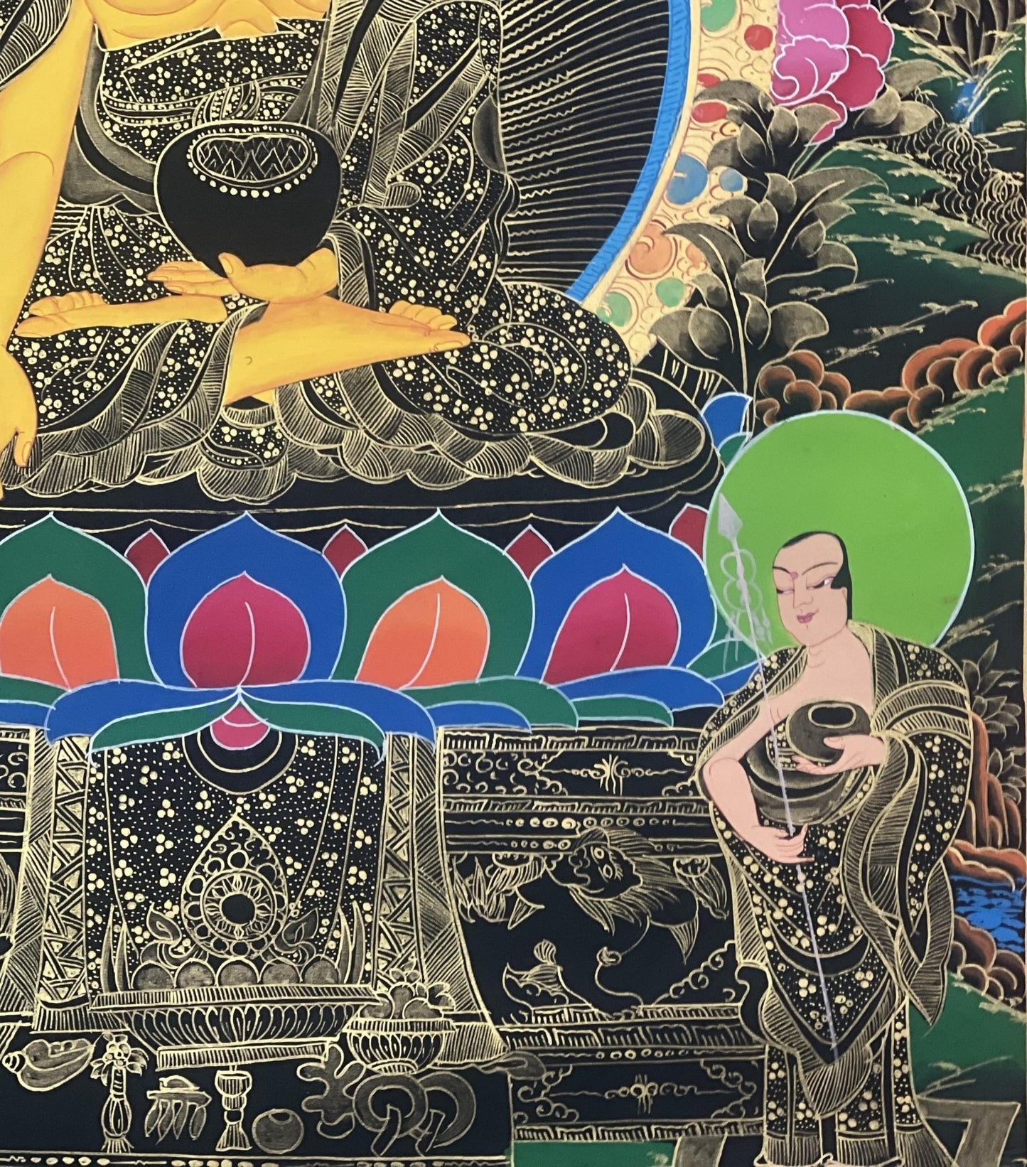 Original Hand Painted Shakyamuni Buddha / Gautama Masterpiece With Two Disciples Tibetan mediation Painting Thangka / Thanka From Nepal - Tibetan Thangka Art