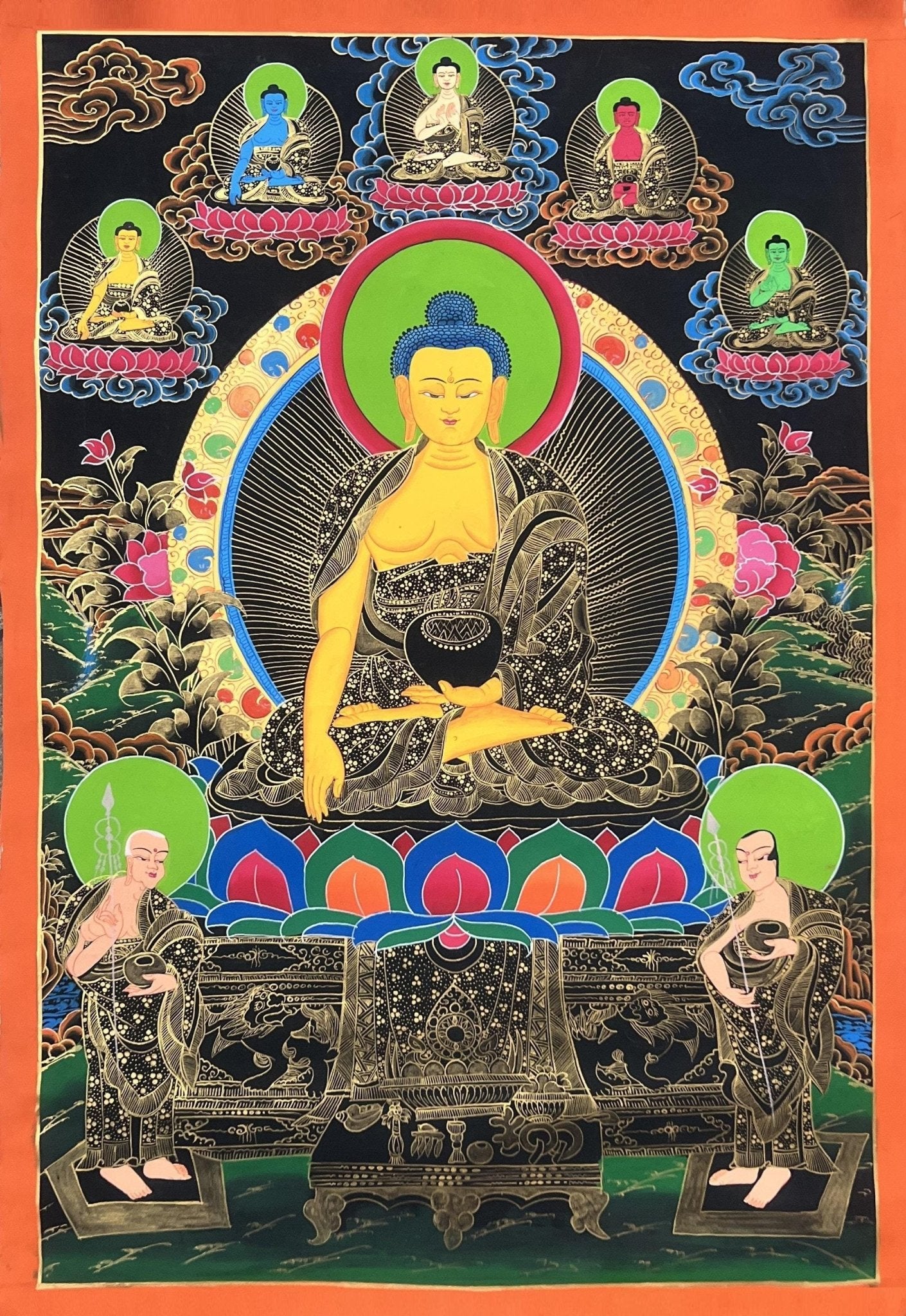Original Hand Painted Shakyamuni Buddha / Gautama Masterpiece With Two Disciples Tibetan mediation Painting Thangka / Thanka From Nepal - Tibetan Thangka Art