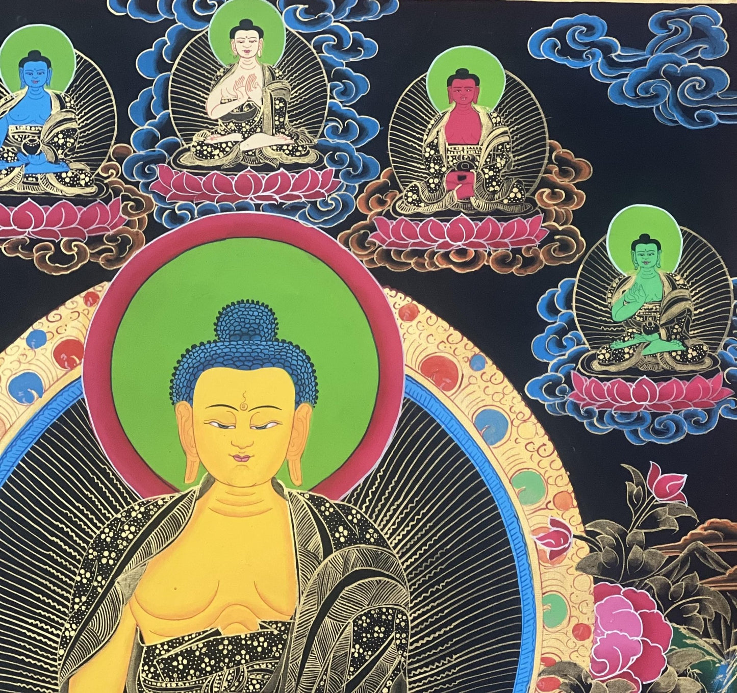 Original Hand Painted Shakyamuni Buddha / Gautama Masterpiece With Two Disciples Tibetan mediation Painting Thangka / Thanka From Nepal - Tibetan Thangka Art