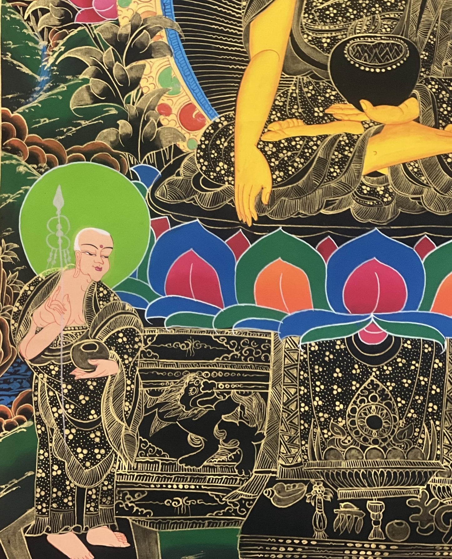 Original Hand Painted Shakyamuni Buddha / Gautama Masterpiece With Two Disciples Tibetan mediation Painting Thangka / Thanka From Nepal - Tibetan Thangka Art