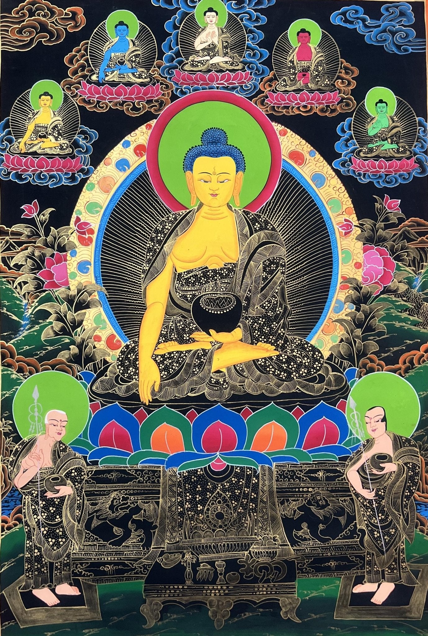 Original Hand Painted Shakyamuni Buddha / Gautama Masterpiece With Two Disciples Tibetan mediation Painting Thangka / Thanka From Nepal - Tibetan Thangka Art