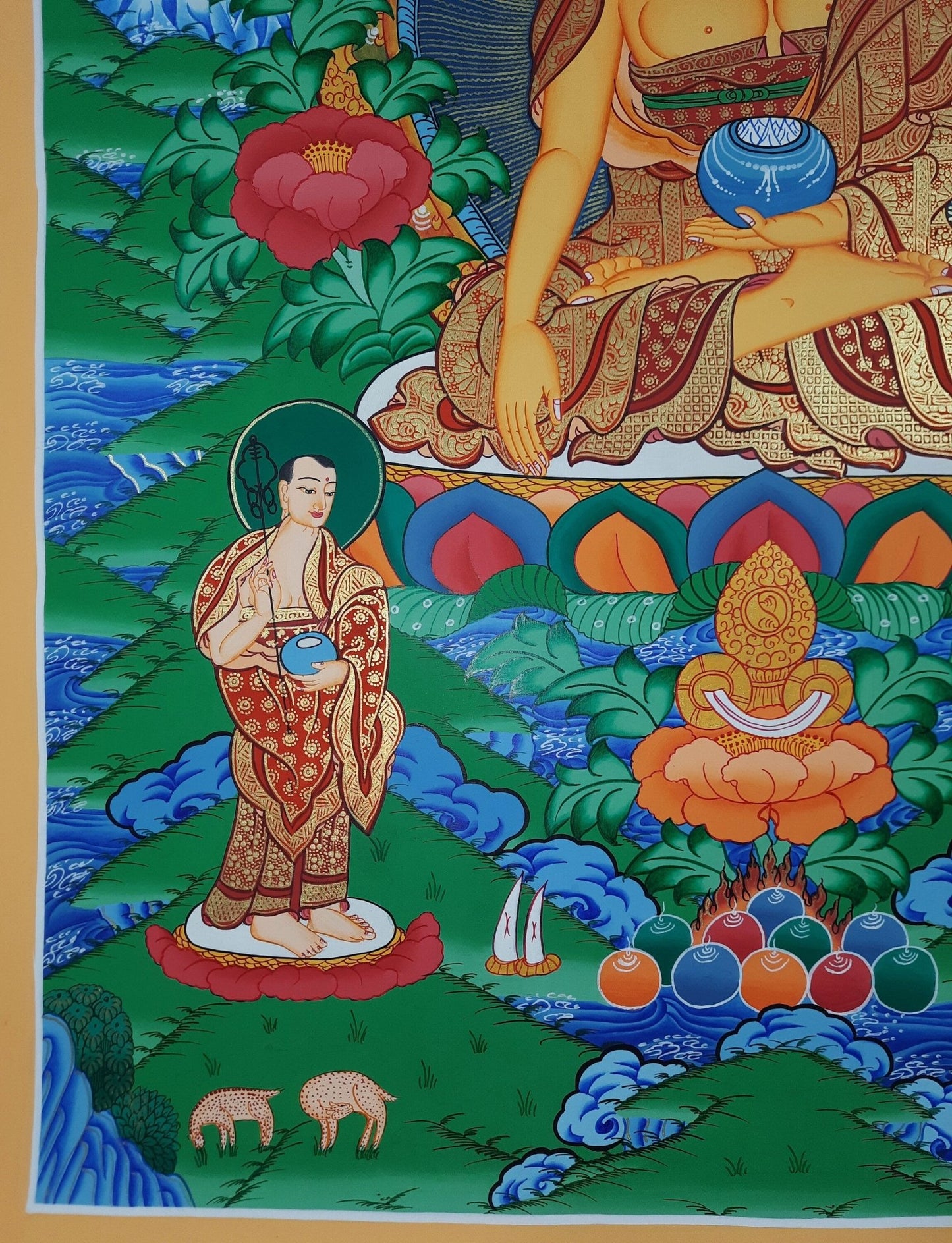 Original Hand Painted Shakyamuni Buddha / Gautama Masterpiece With Two Disciples Tibetan Wall Hanging Painting Thangka / Thanka From Nepal - Tibetan Thangka Art