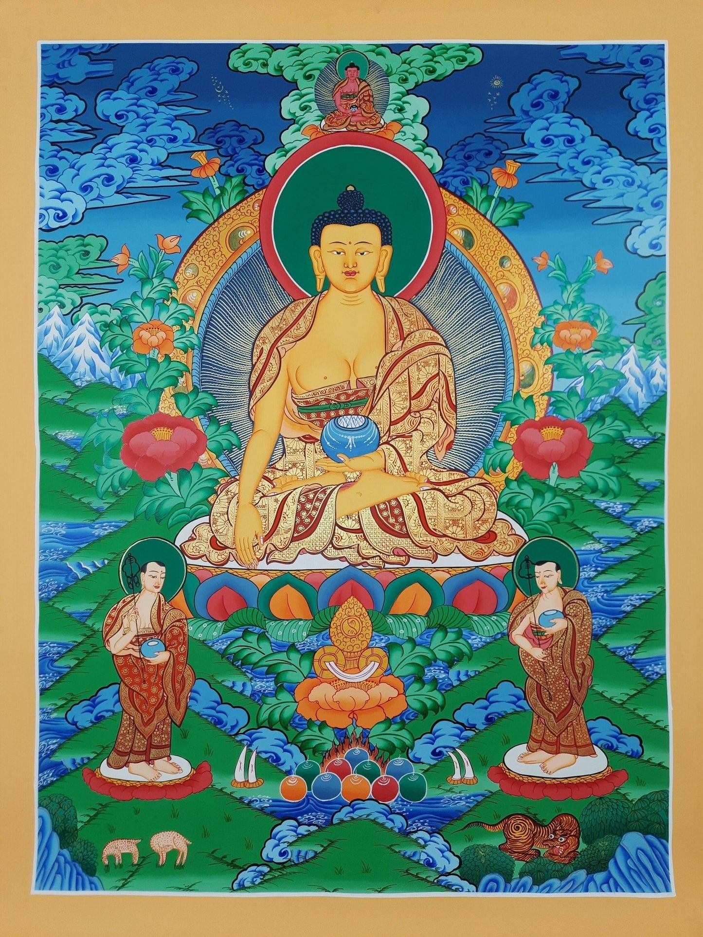 Original Hand Painted Shakyamuni Buddha / Gautama Masterpiece With Two Disciples Tibetan Wall Hanging Painting Thangka / Thanka From Nepal - Tibetan Thangka Art