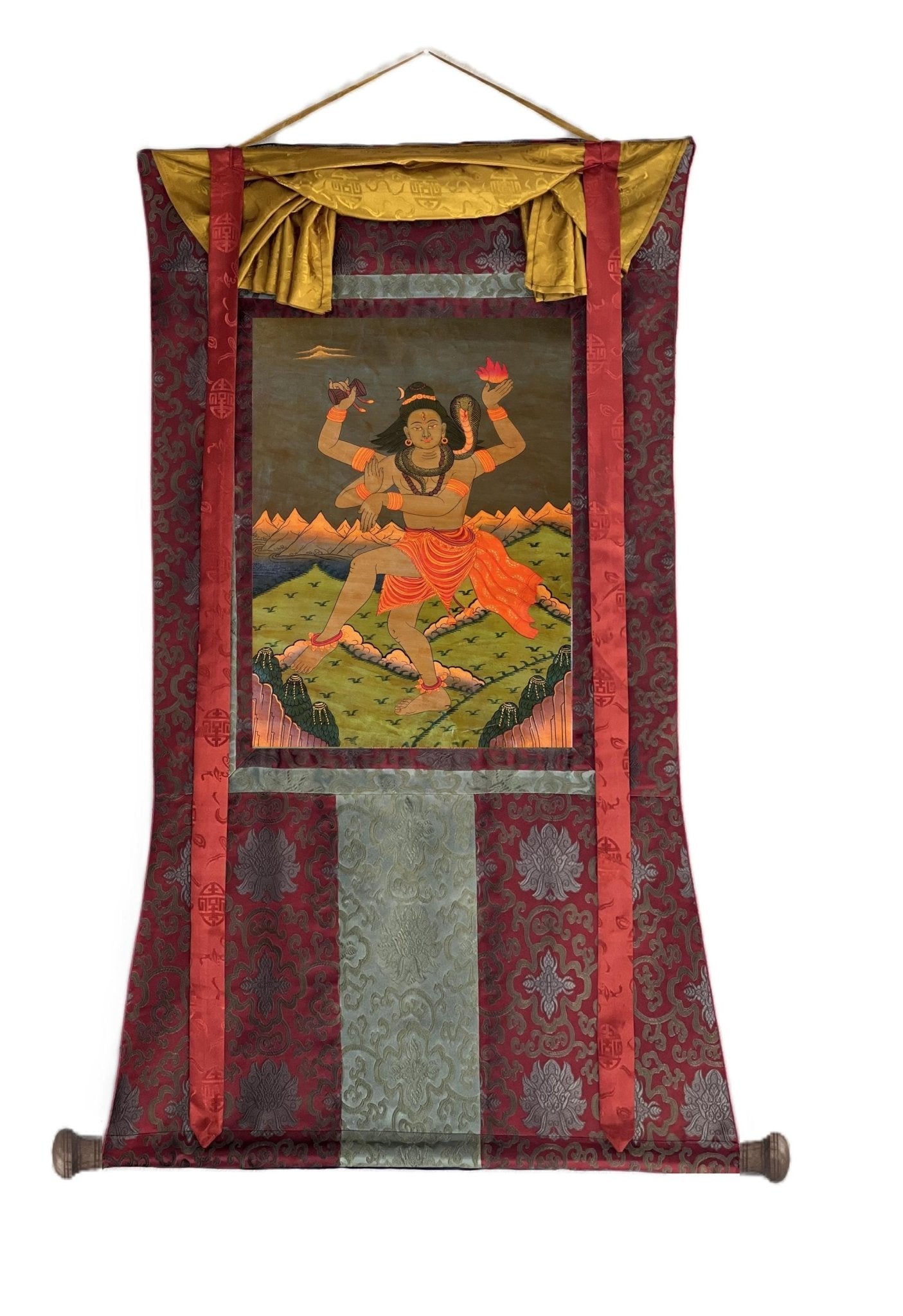 Original Hand - Painted SHIVA/ Shankar/ Mahadeva/Maheshwar Old Oil Varnished Thangka Painting Hindu Art Framed with Silk Brocade - Tibetan Thangka Art