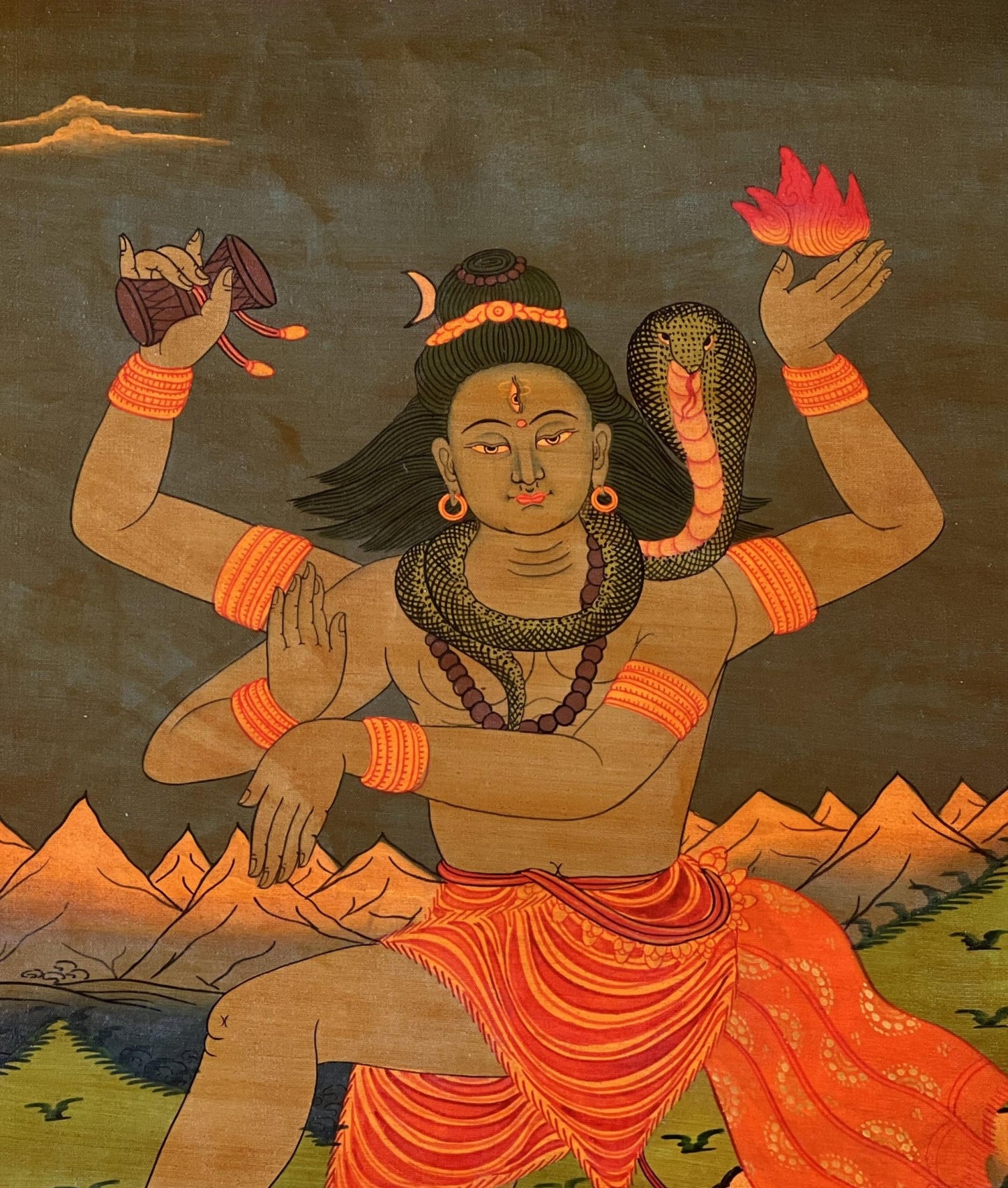 Original Hand - Painted SHIVA/ Shankar/ Mahadeva/Maheshwar Old Oil Varnished Thangka Painting Hindu Art Framed with Silk Brocade - Tibetan Thangka Art
