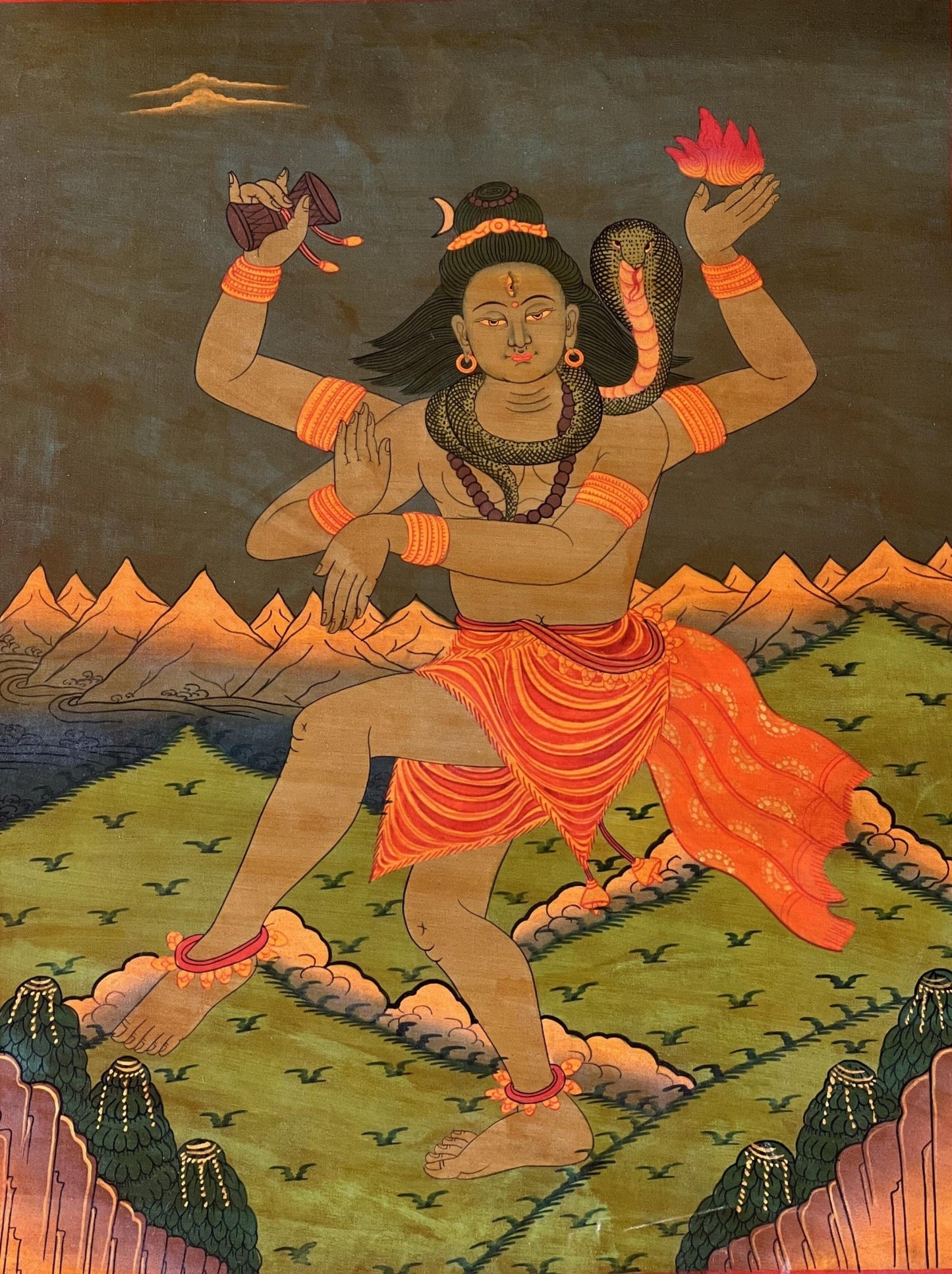 Original Hand - Painted SHIVA/ Shankar/ Mahadeva/Maheshwar Old Oil Varnished Thangka Painting Hindu Art Framed with Silk Brocade - Tibetan Thangka Art