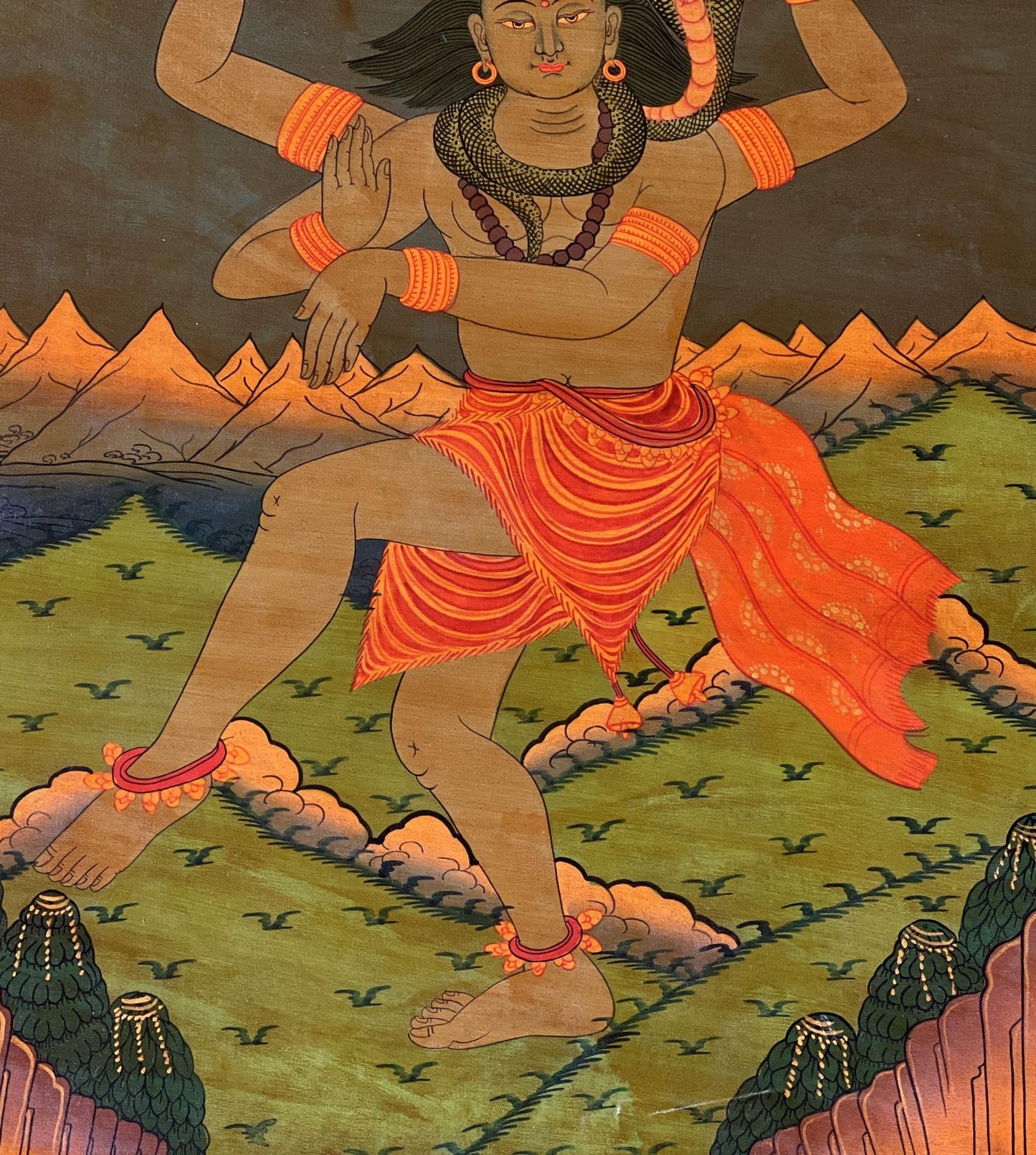 Original Hand - Painted SHIVA/ Shankar/ Mahadeva/Maheshwar Old Oil Varnished Thangka Painting Hindu Art Framed with Silk Brocade - Tibetan Thangka Art