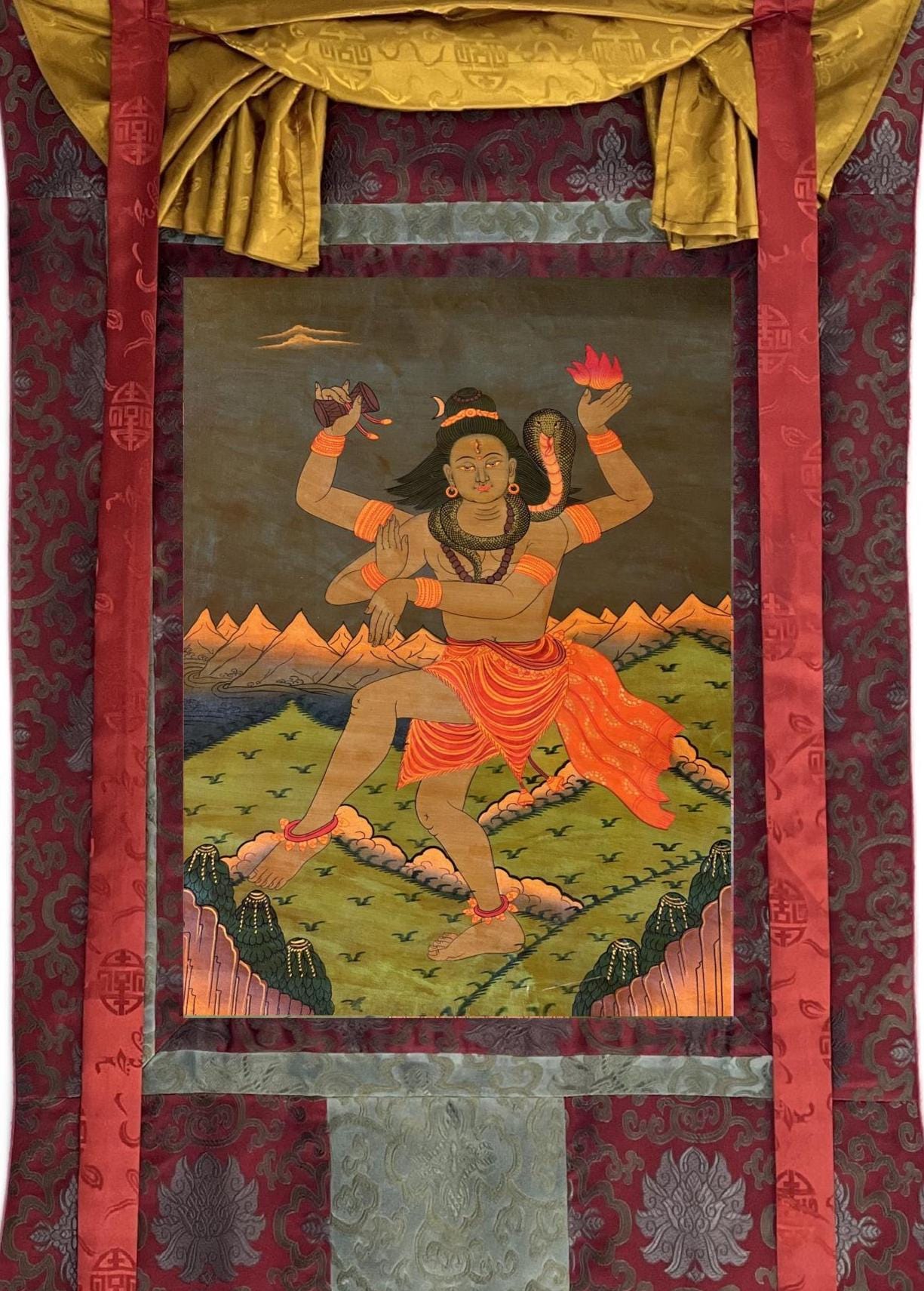 Original Hand - Painted SHIVA/ Shankar/ Mahadeva/Maheshwar Old Oil Varnished Thangka Painting Hindu Art Framed with Silk Brocade - Tibetan Thangka Art
