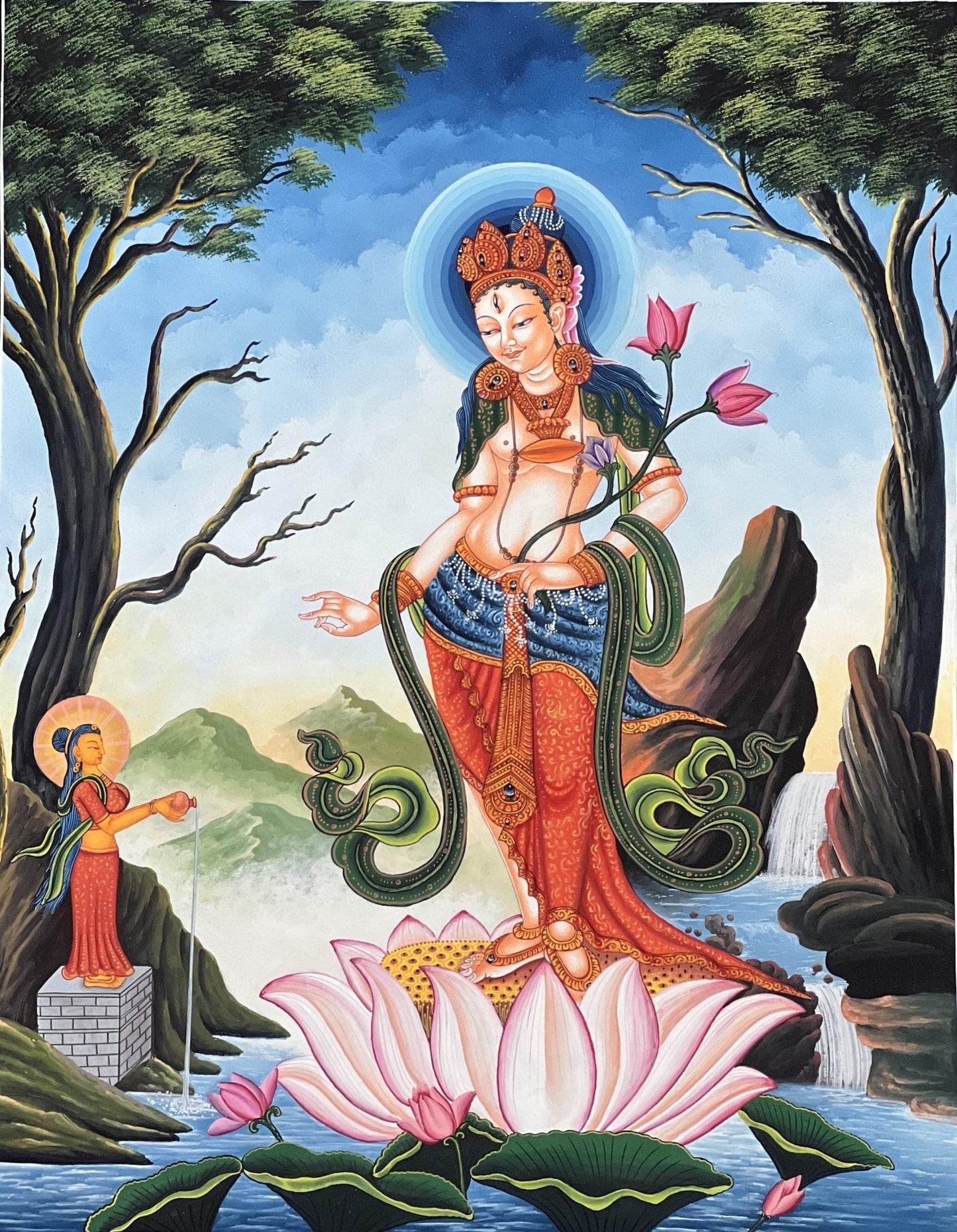 Original Hand Painted Standing White Tara / Mother Tara Masterpiece Newari Pauva/ Paubha/ Thangka Painting Compassion Meditation Art - Tibetan Thangka Art