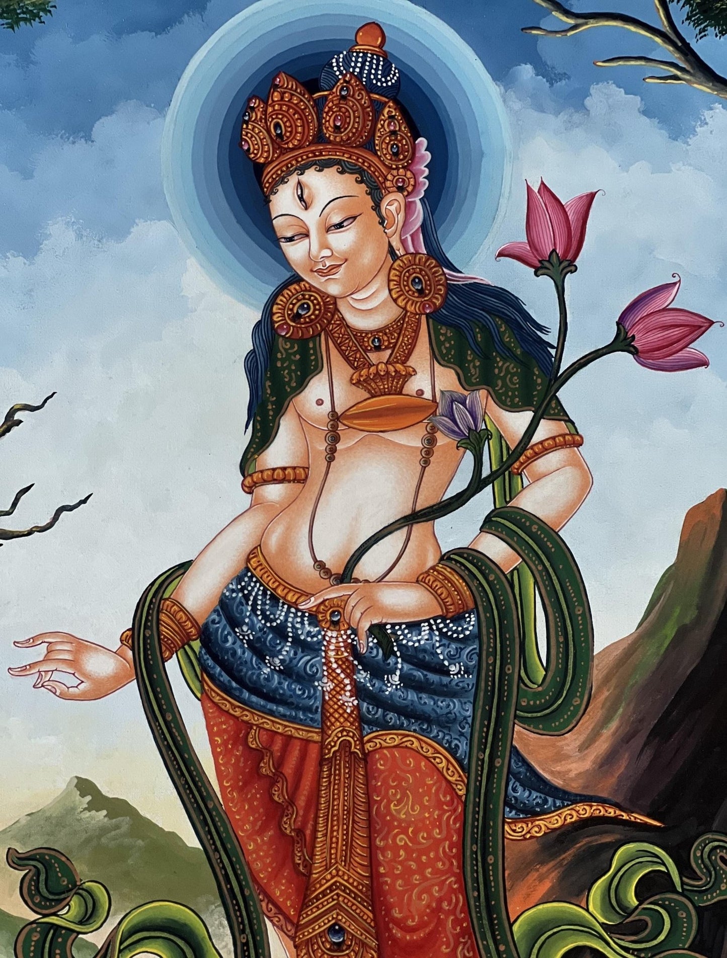Original Hand Painted Standing White Tara / Mother Tara Masterpiece Newari Pauva/ Paubha/ Thangka Painting Compassion Meditation Art - Tibetan Thangka Art