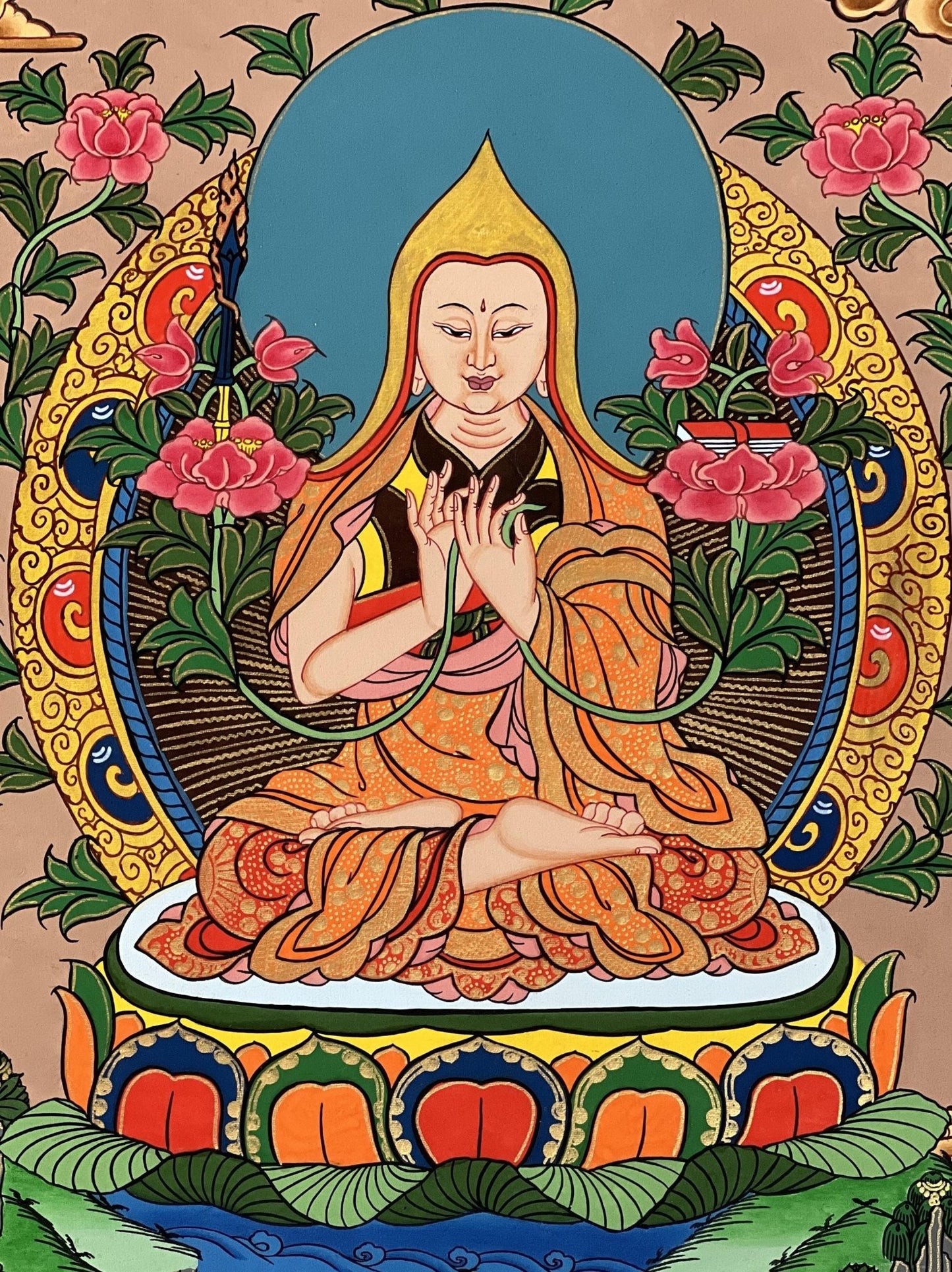 Original Hand - Painted Tsongkhapa/ Chongapa Masterpiece Tibetan Compassion / Meditation Thangka Thanka Painting With High - Quality Silk Frame - Tibetan Thangka Art